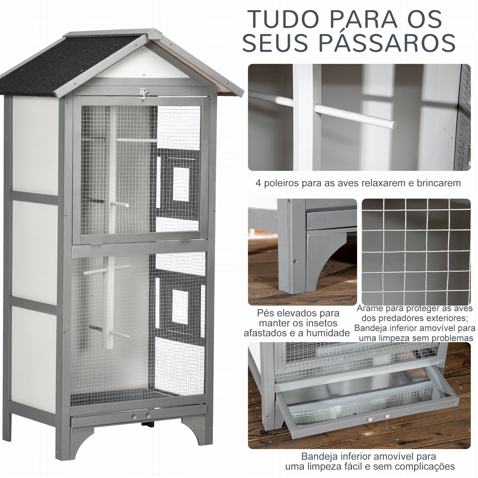 Gaiola para Pássaros de Madeira Cinza Claro 80,5x57x153 cm
