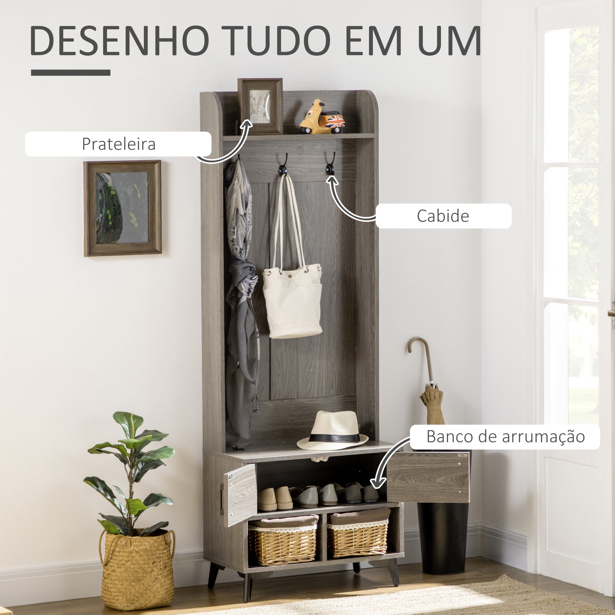 Móvel Cabide de Entrada Cinza 60x34x170 cm - Organizador de Corredor