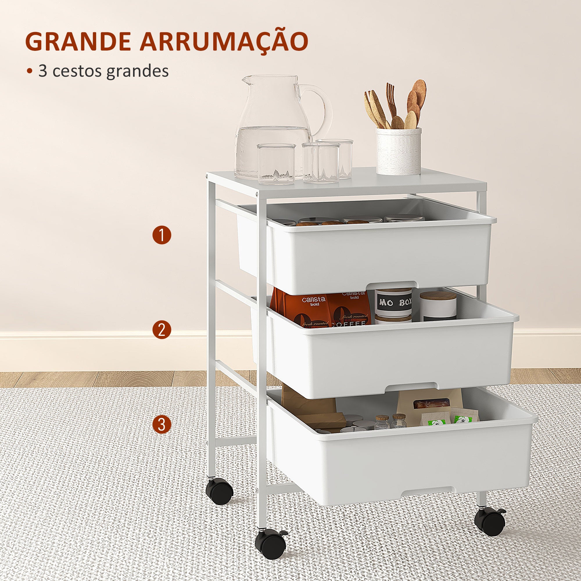 Carrinho Auxiliar de Cozinha 3 Níveis 40,8x33,5x60,5 cm - Branco