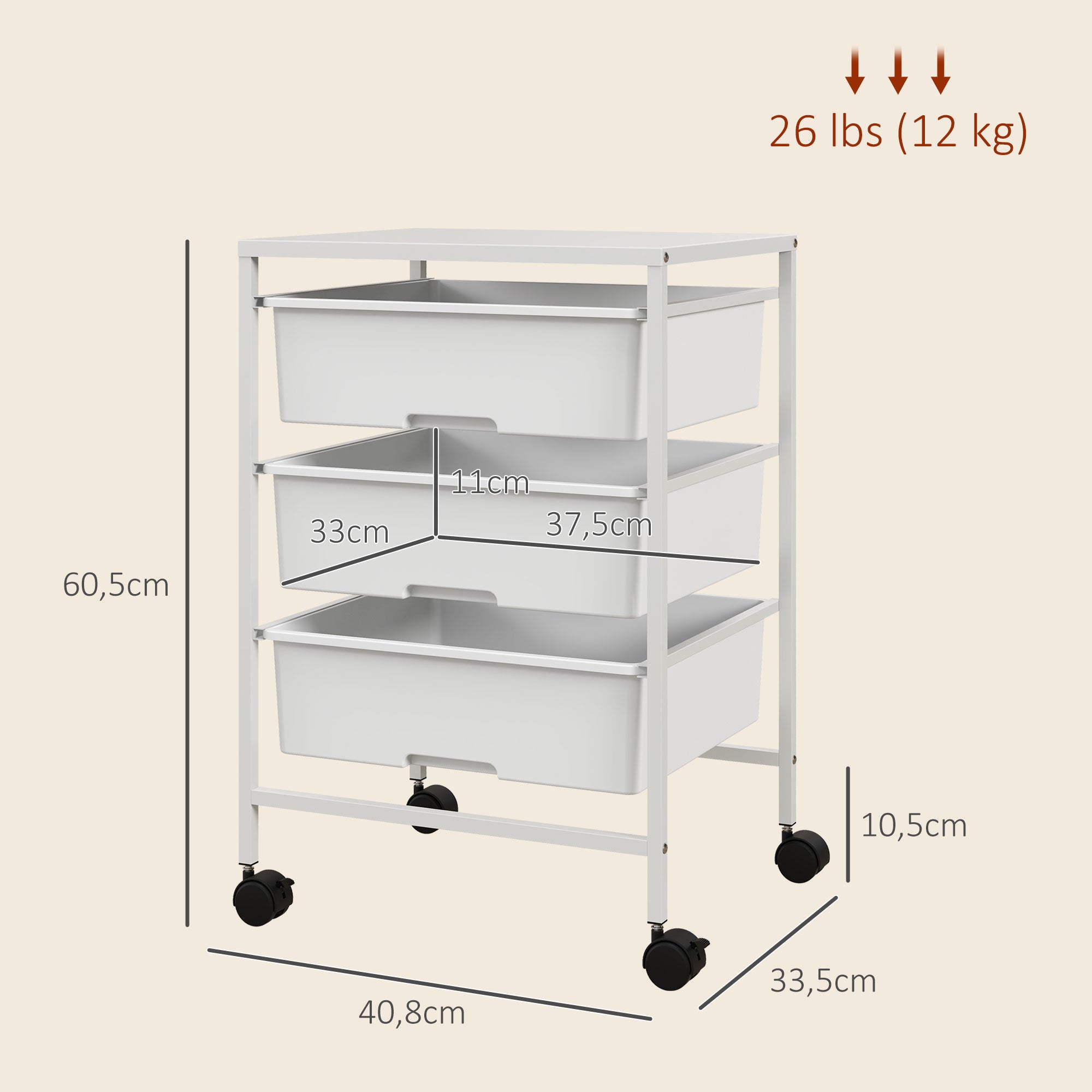 Carrinho Auxiliar de Cozinha 3 Níveis 40,8x33,5x60,5 cm - Branco