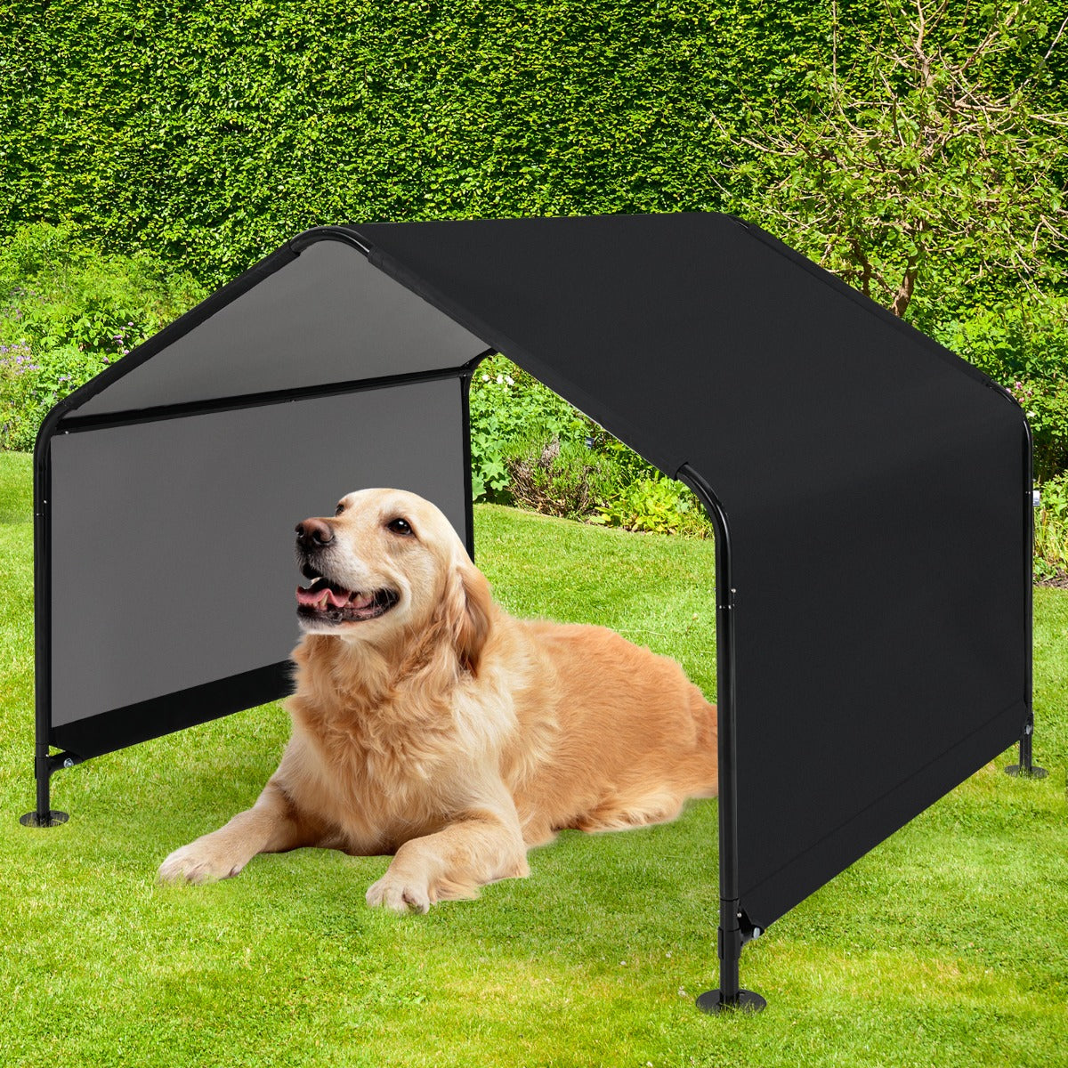 Abrigo de Sombra para Cães com Teto Impermeável Estacas de Terra Barraca com Toldo 129 x 124 x 108 cm Preto