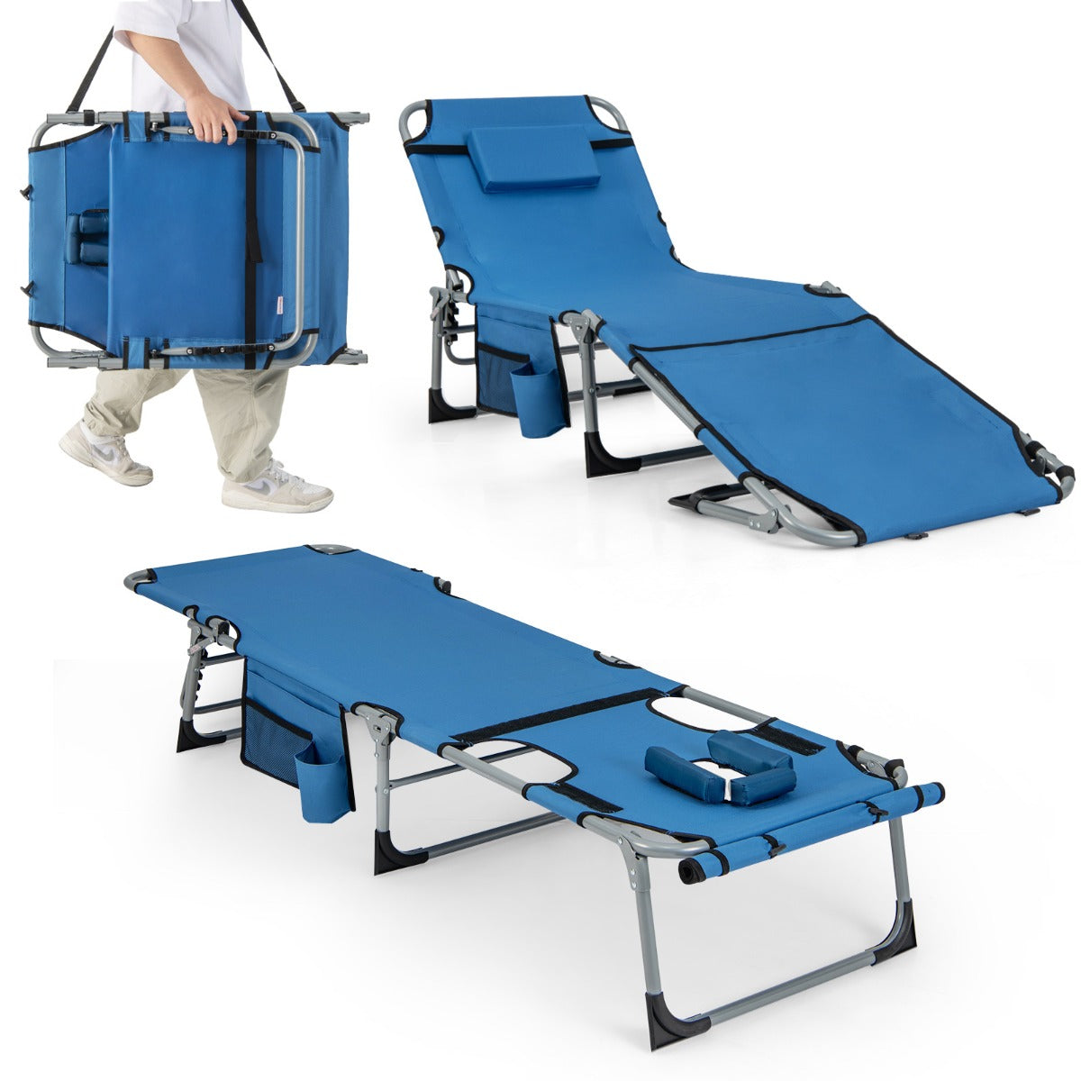 Cadeira de Praia Reclinável com Descanso para Pés Ajustável e Orifício para o Rosto Almofada Removível - Azul