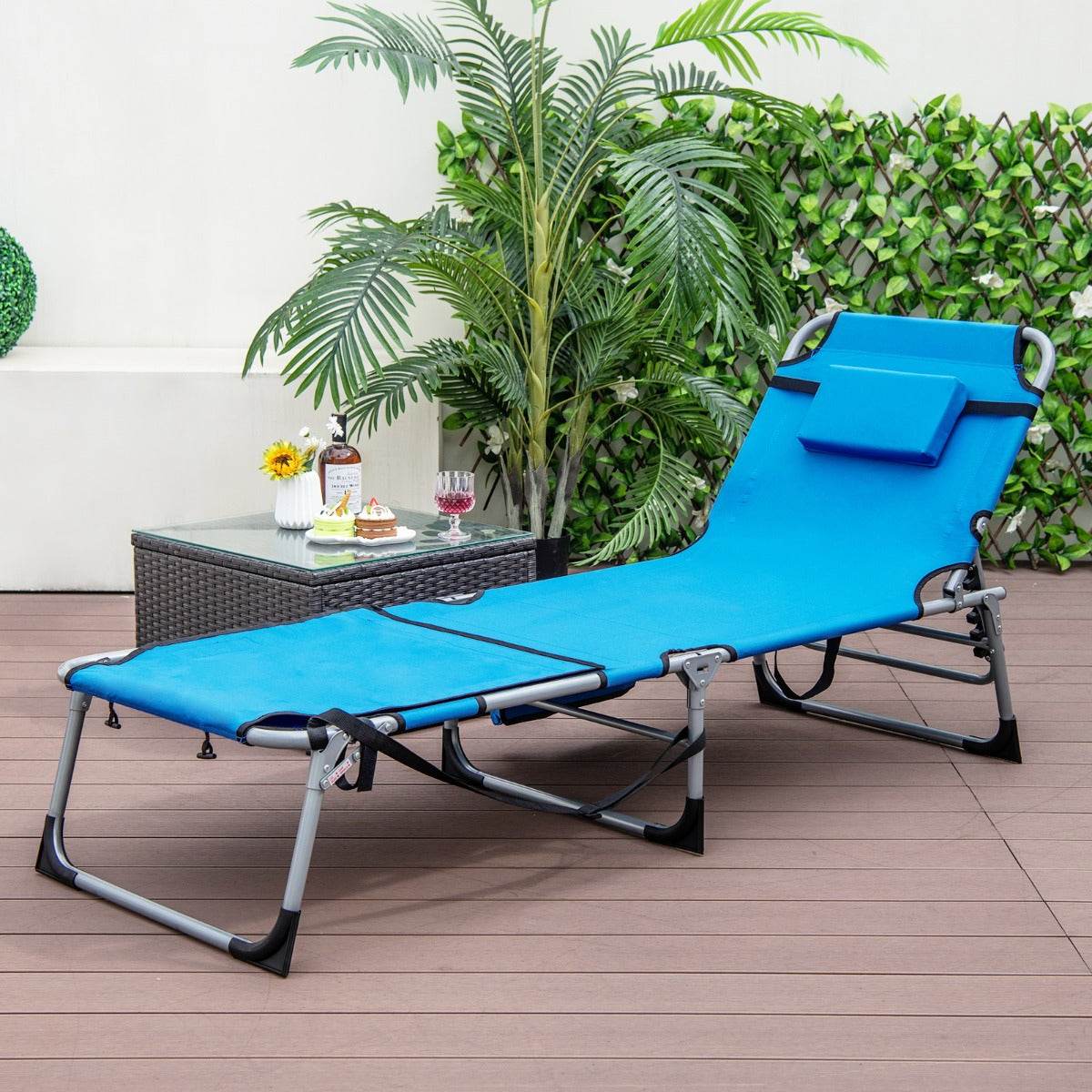 Cadeira de Praia Reclinável com Descanso para Pés Ajustável e Orifício para o Rosto Almofada Removível - Azul