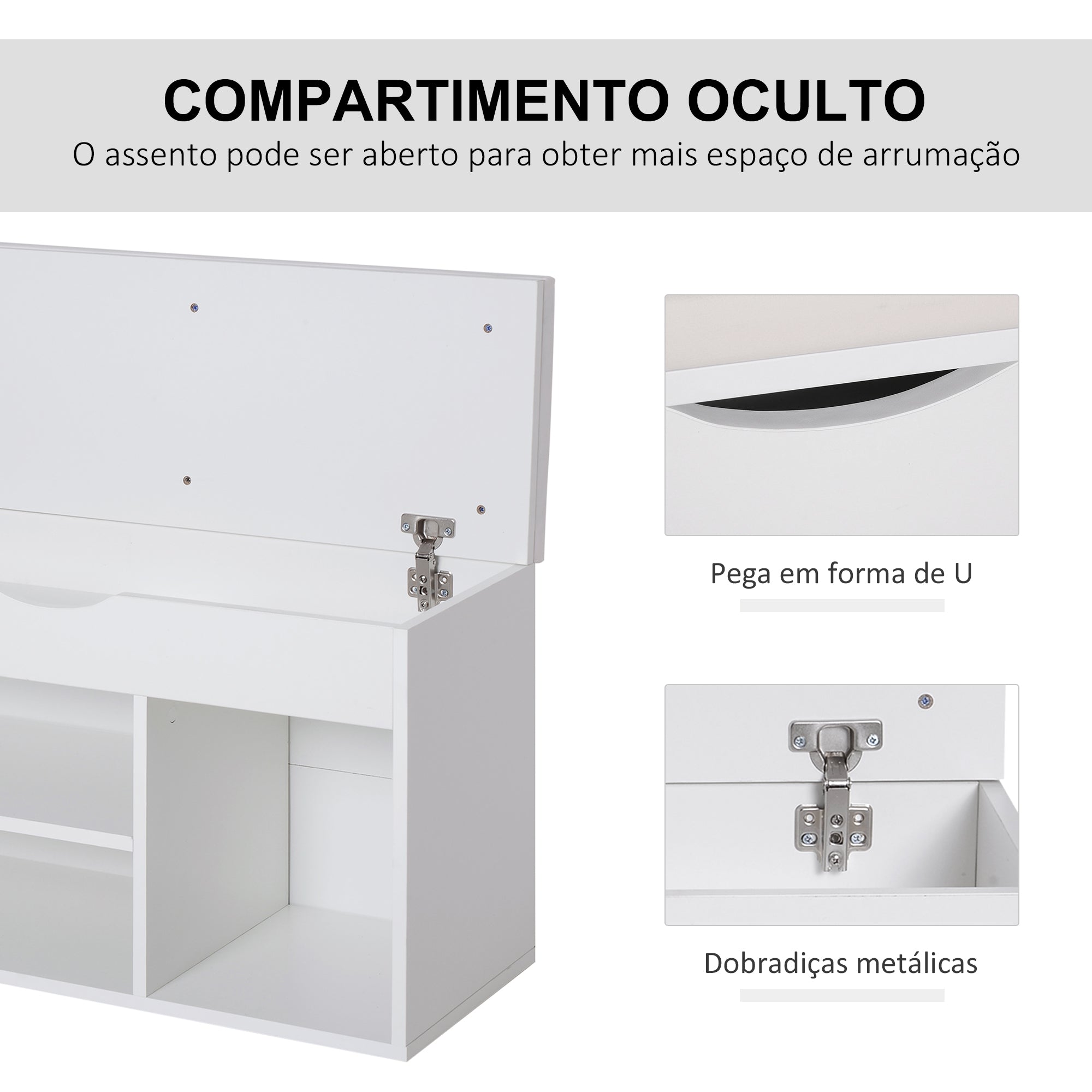Banco Sapateira Branco 80x30x47 cm - Assento Acolchoado e Prateleiras