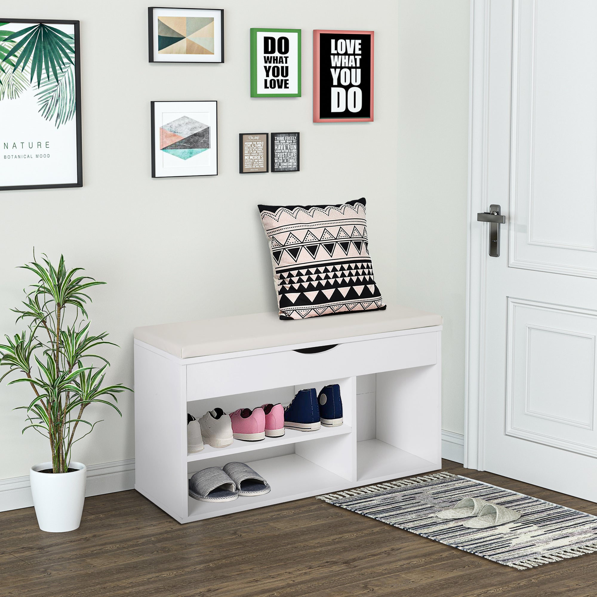 Banco Sapateira Branco 80x30x47 cm - Assento Acolchoado e Prateleiras
