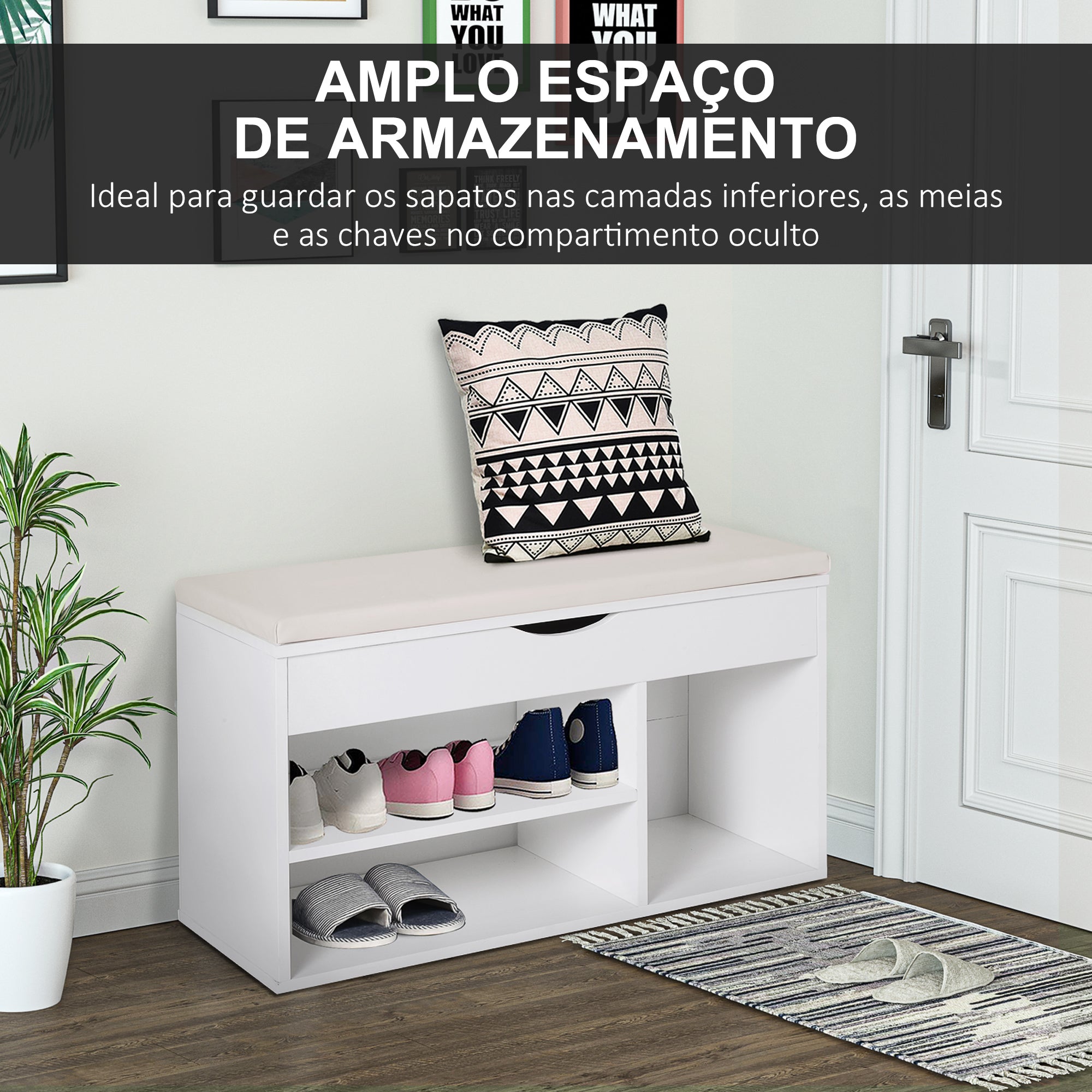 Banco Sapateira Branco 80x30x47 cm - Assento Acolchoado e Prateleiras