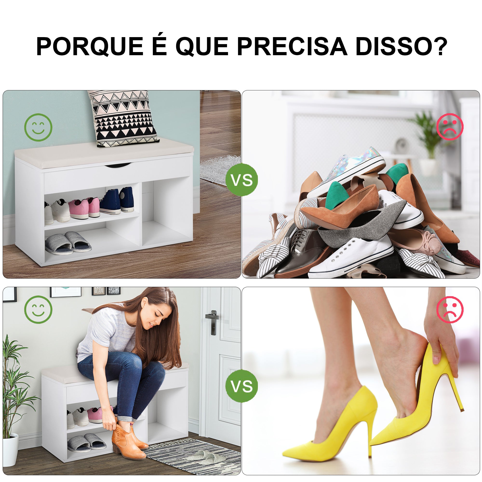 Banco Sapateira Branco 80x30x47 cm - Assento Acolchoado e Prateleiras