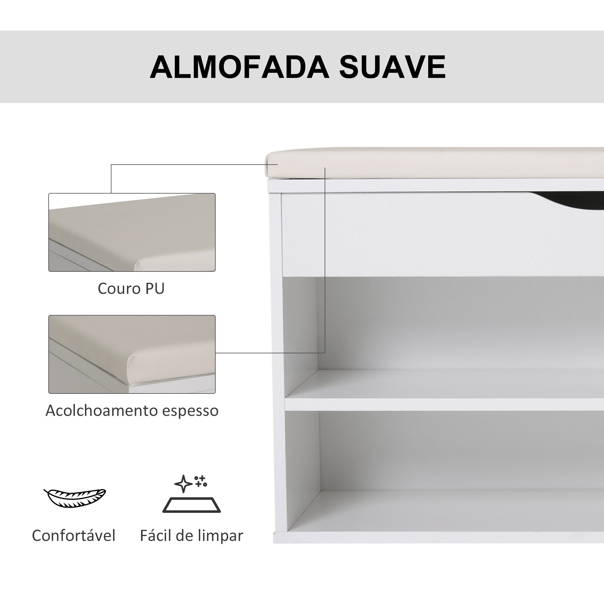 Banco Sapateira Branco 80x30x47 cm - Assento Acolchoado e Prateleiras