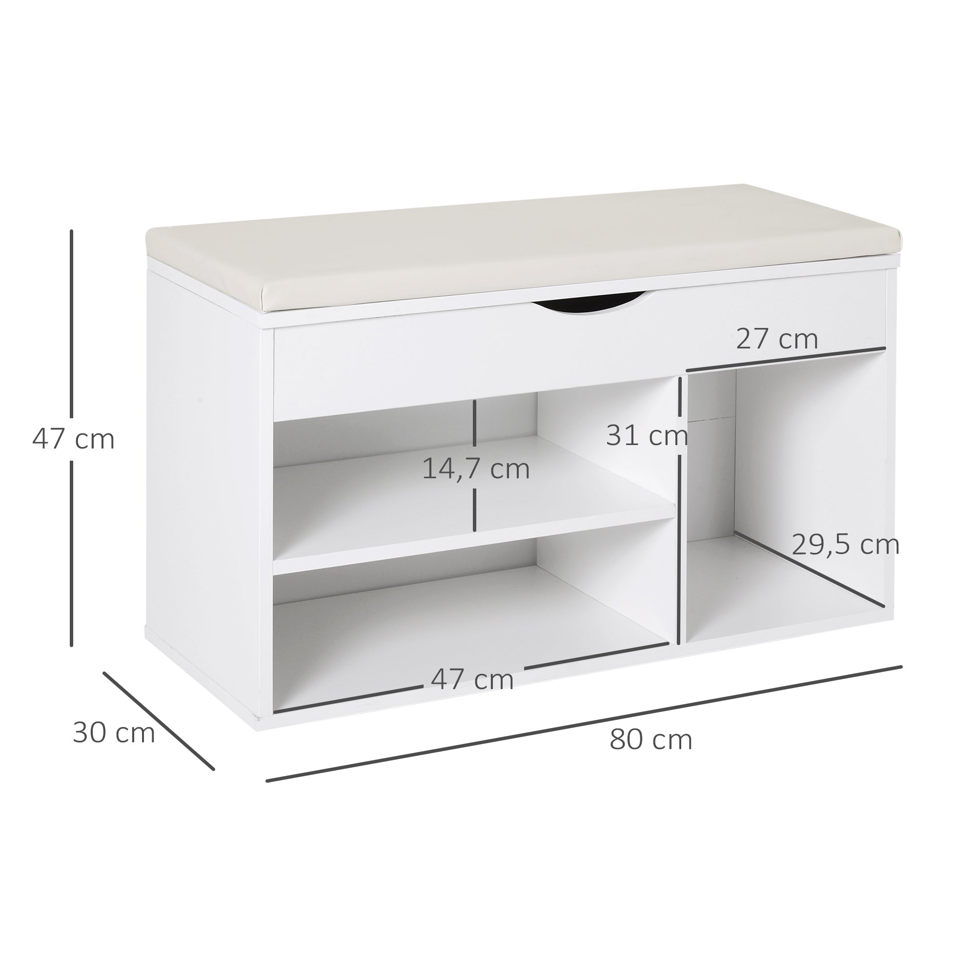 Banco Sapateira Branco 80x30x47 cm - Assento Acolchoado e Prateleiras