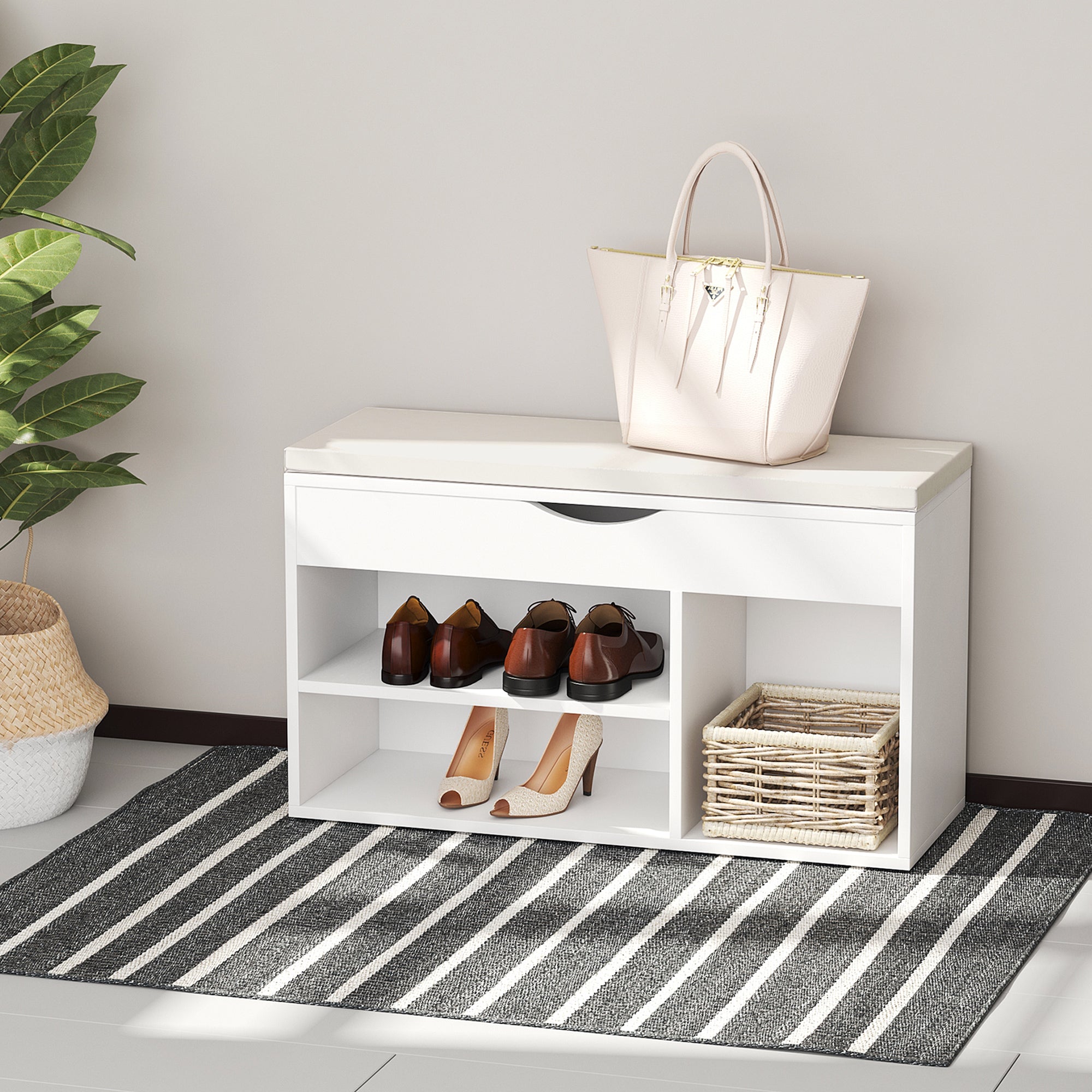 Banco Sapateira Branco 80x30x47 cm - Assento Acolchoado e Prateleiras