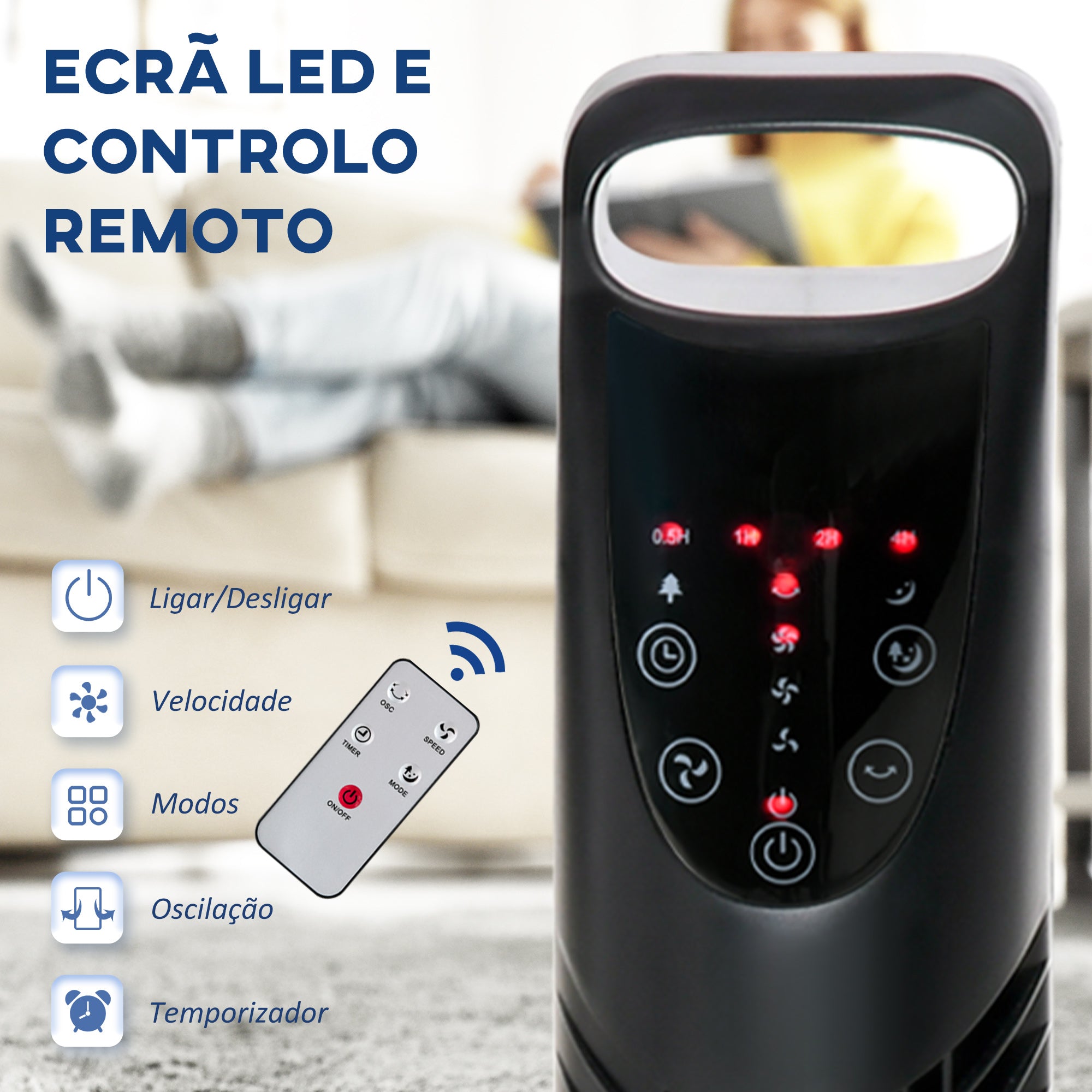 Ventoinha de Coluna com Controlo Remoto – Ø18x78,5 cm – Preto – ABS