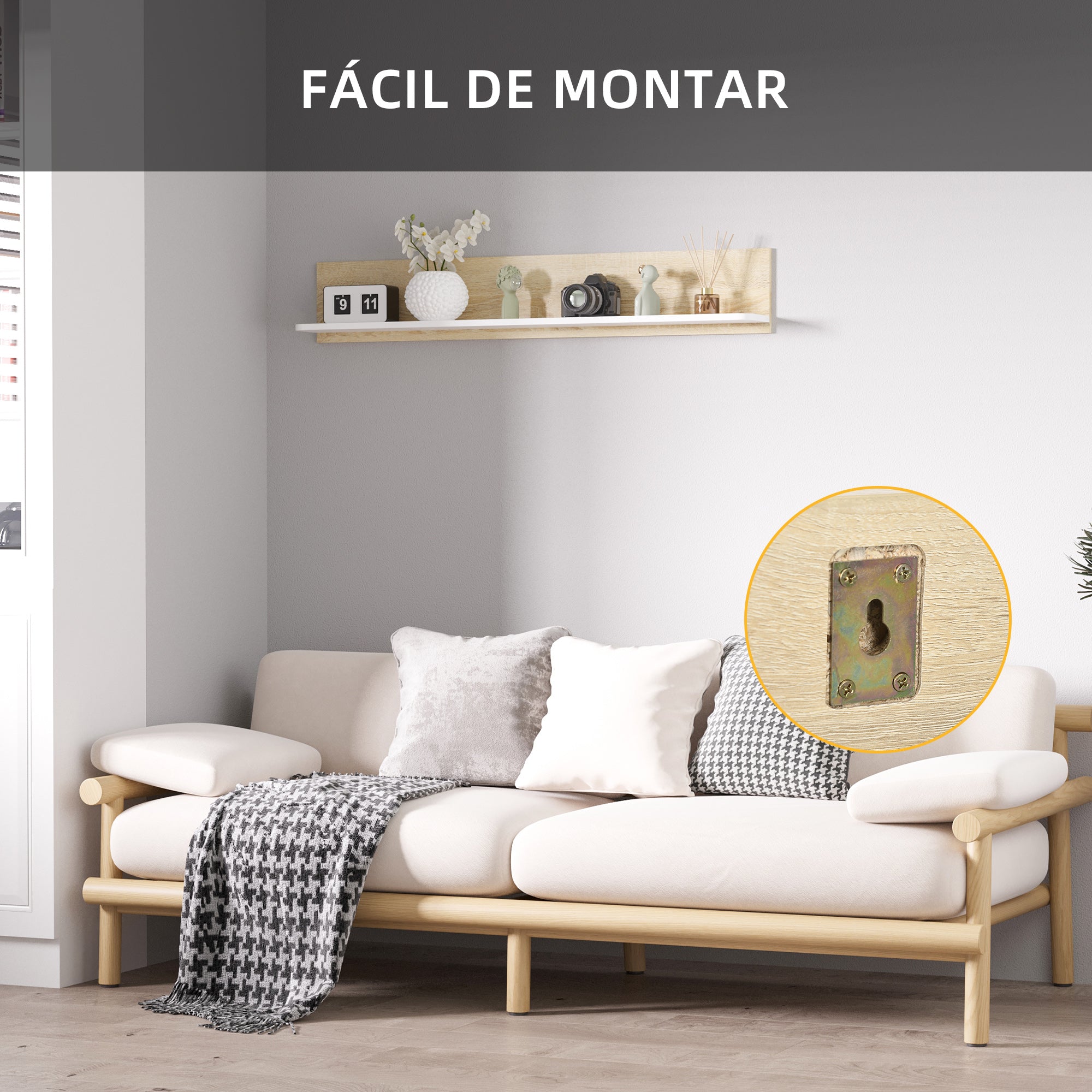 Estante Flutuante de Madeira – 120x15x20 cm – Carvalho e Branco – Aglomerado