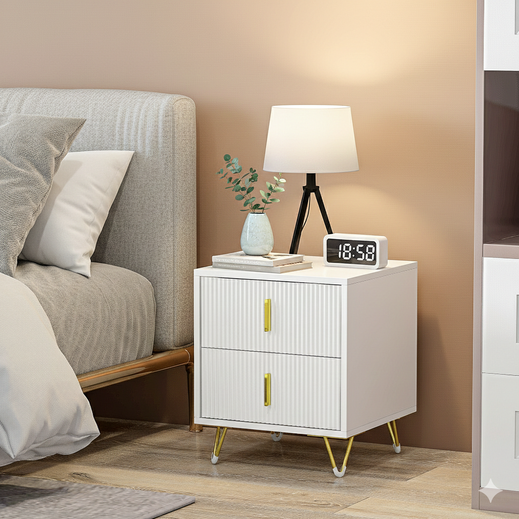 Mesa de Cabeceira com 2 Gavetas 40x40x47 cm Branco e Dourado