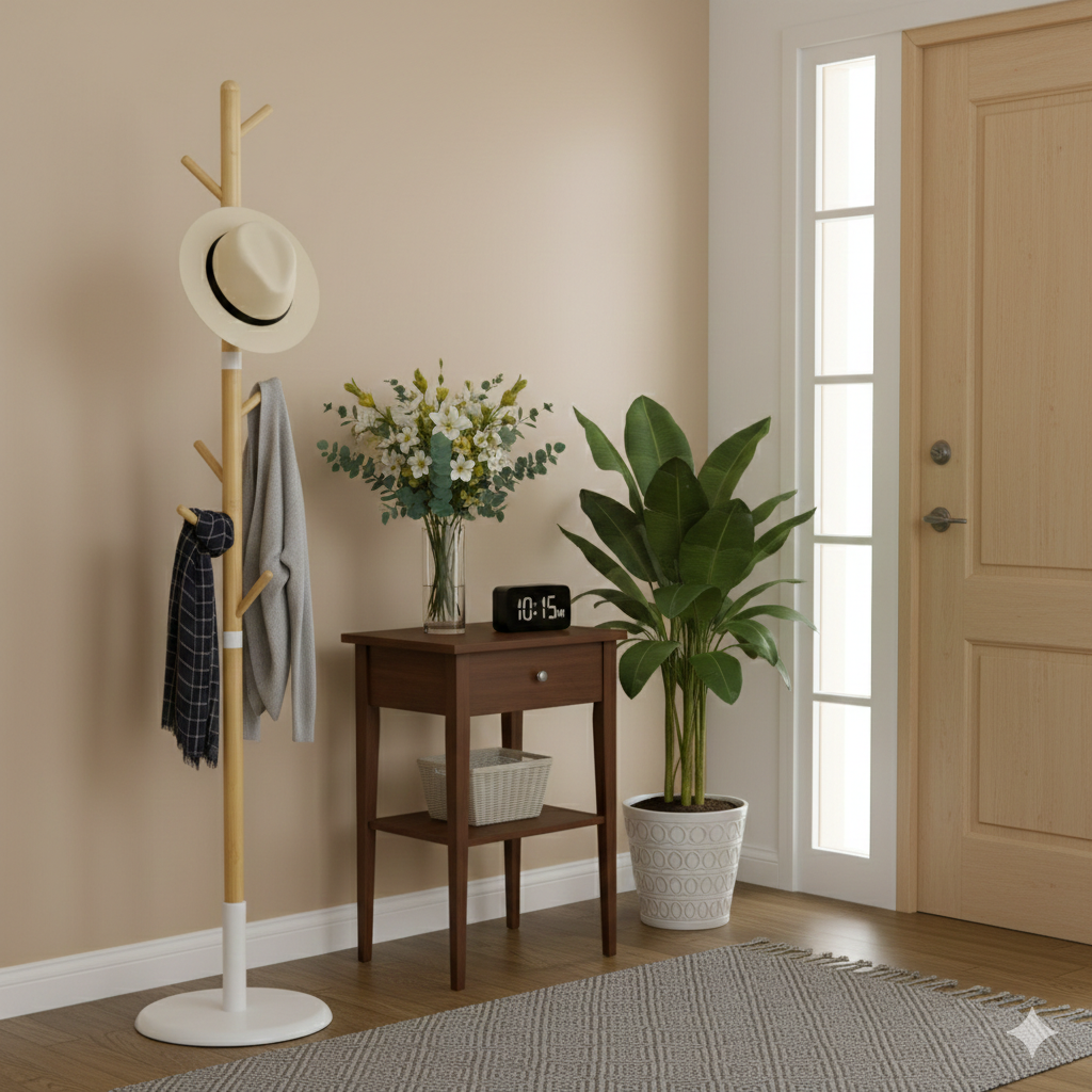 Cabide de Pé Moderno – Ø37,8x175,6 cm – Branco – Bambu e Metal