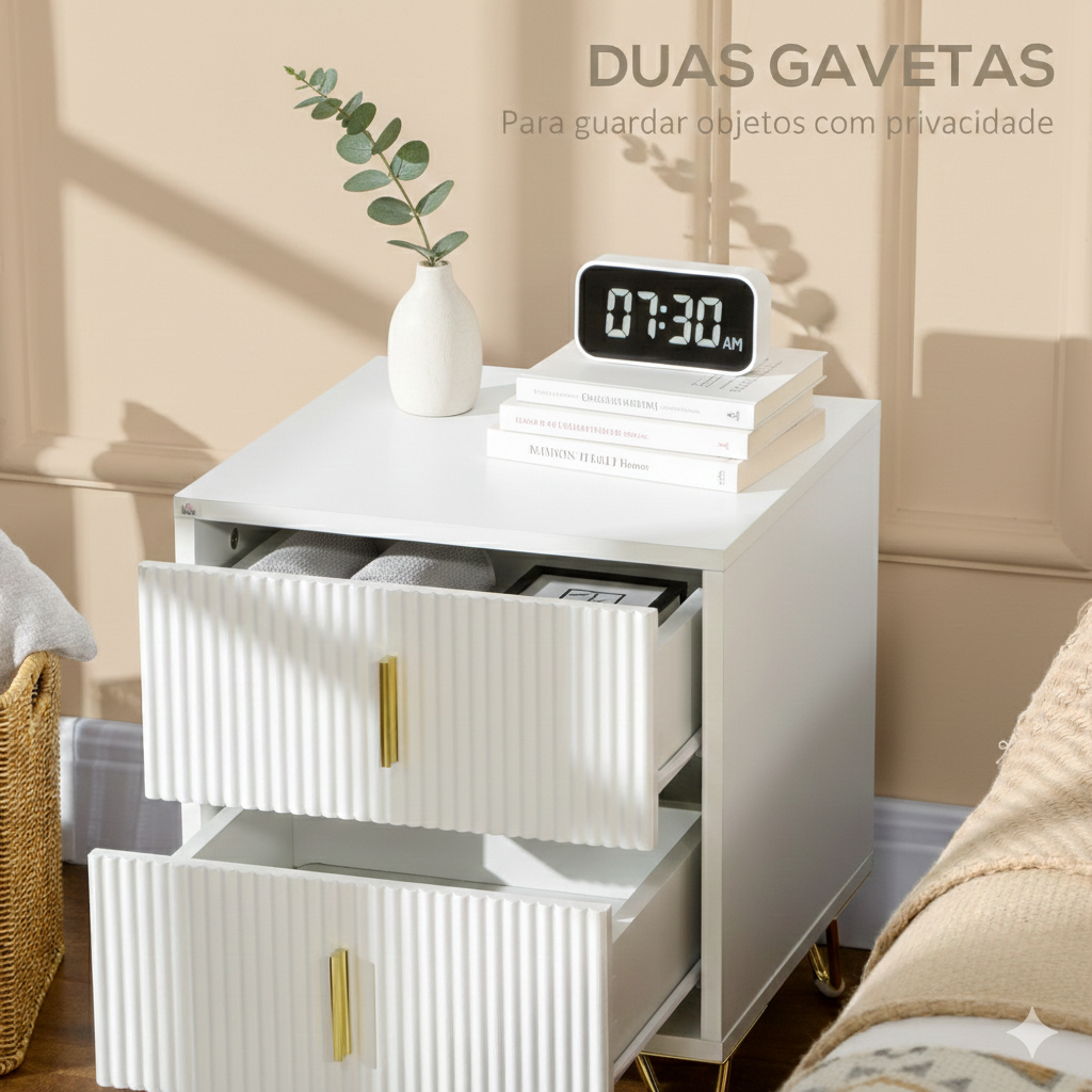 Mesa de Cabeceira com 2 Gavetas 40x40x47 cm Branco e Dourado