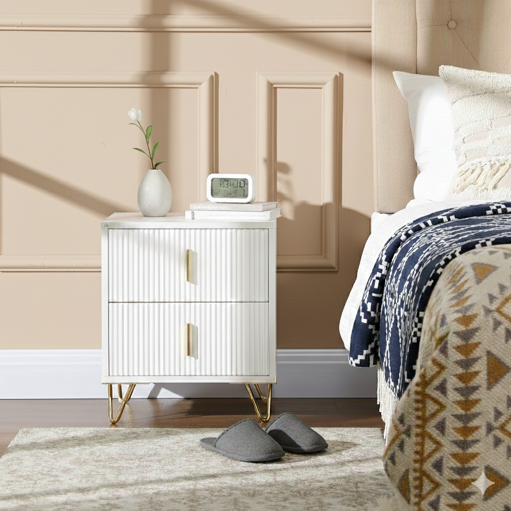 Mesa de Cabeceira com 2 Gavetas 40x40x47 cm Branco e Dourado