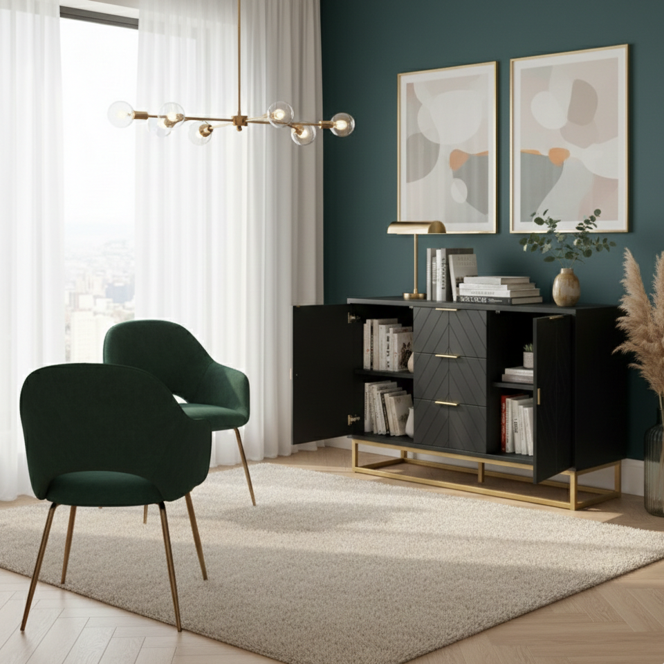 Aparador Auxiliar de Armazenamento – 120x40x76 cm – Preto – MDF e metal