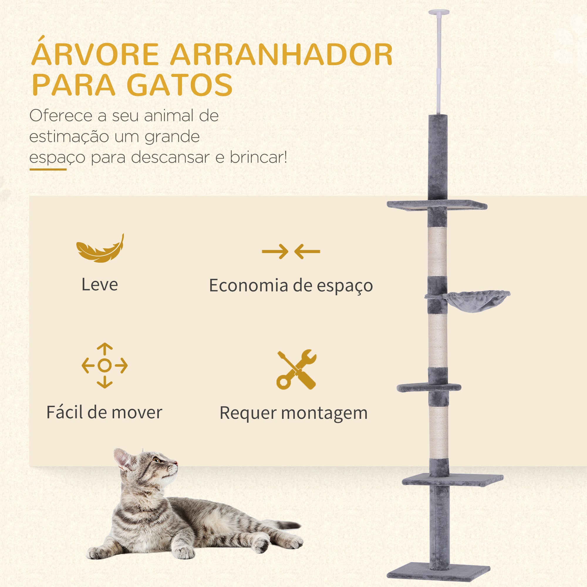 Árvore Arranhadora para Gatos Cinza 40x34x260cm - Centro de Atividades Vertical Ajustável