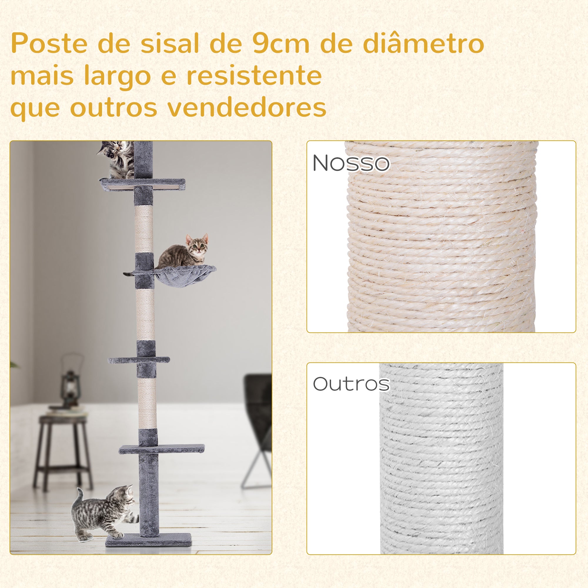 Árvore Arranhadora para Gatos Cinza 40x34x260cm - Centro de Atividades Vertical Ajustável
