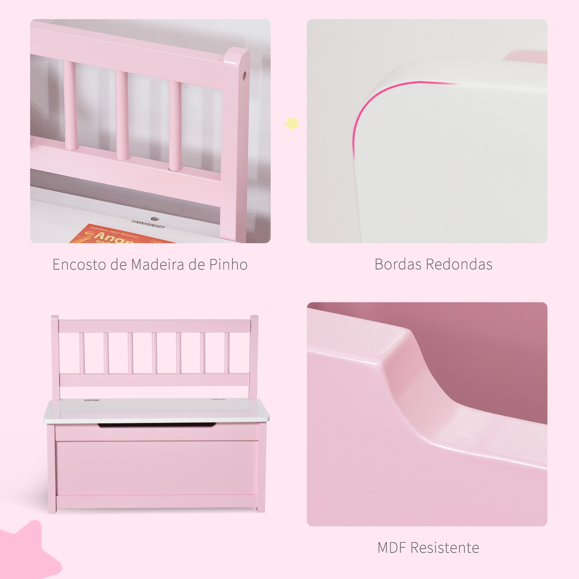 Baú de Brinquedos Banco de Armazenamento Infantil de Madeira de Pinho 60x30x50 cm Rosa