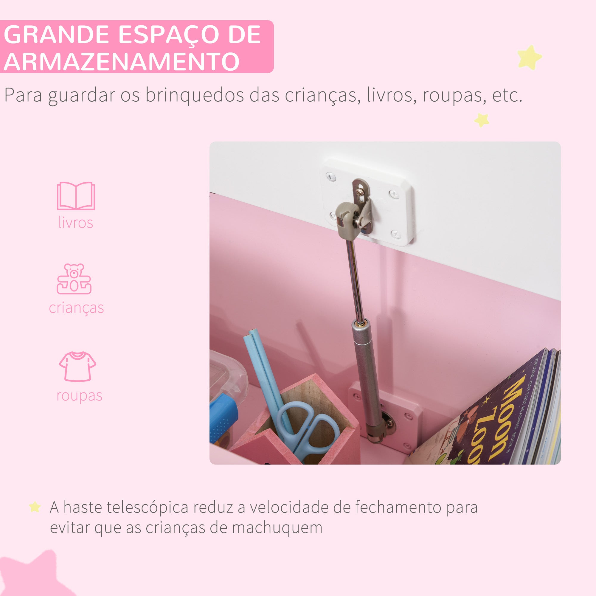 Baú de Brinquedos Banco de Armazenamento Infantil de Madeira de Pinho 60x30x50 cm Rosa