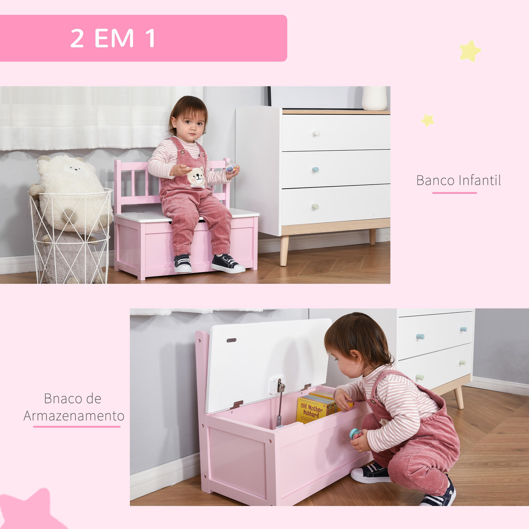 Baú de Brinquedos Banco de Armazenamento Infantil de Madeira de Pinho 60x30x50 cm Rosa