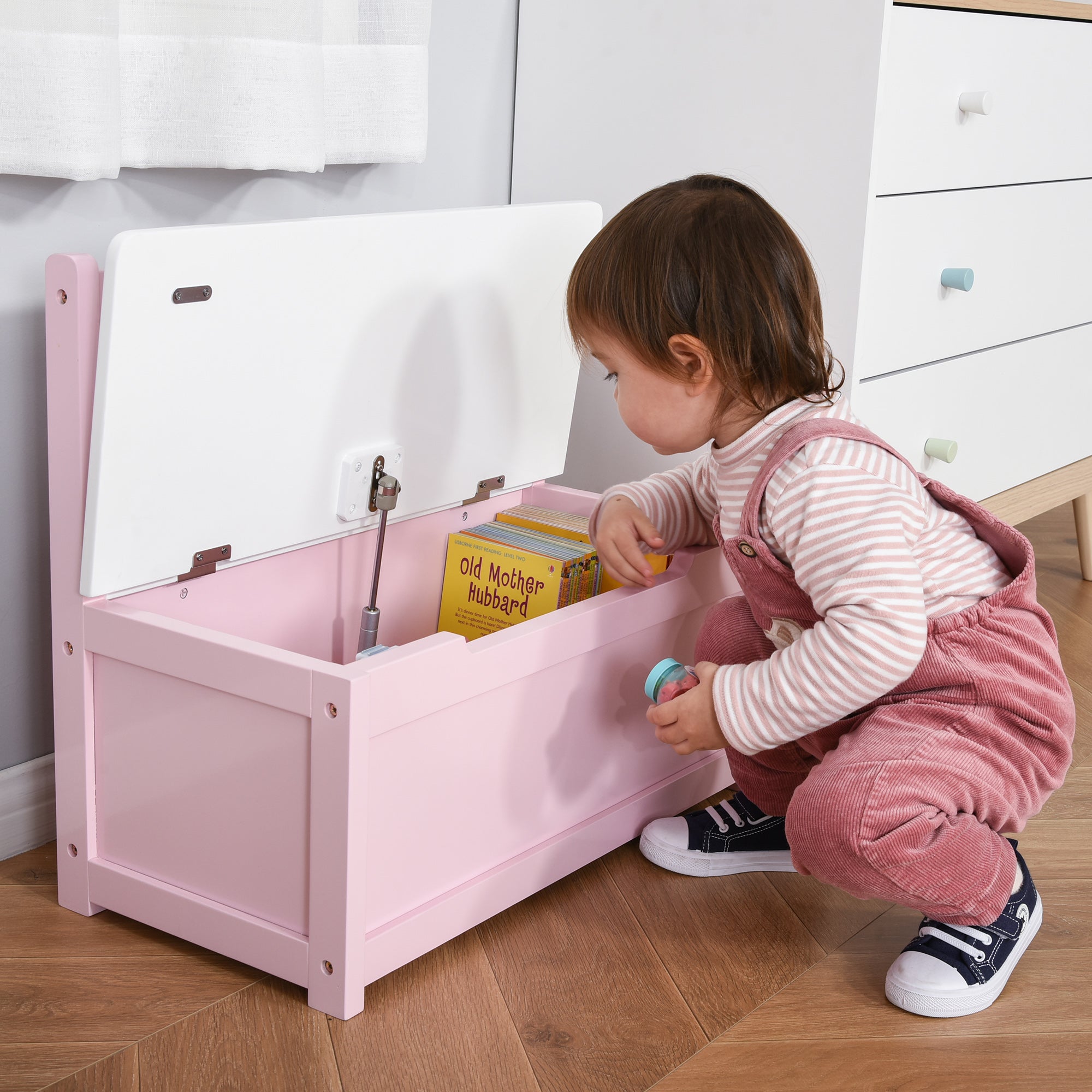 Baú de Brinquedos Banco de Armazenamento Infantil de Madeira de Pinho 60x30x50 cm Rosa