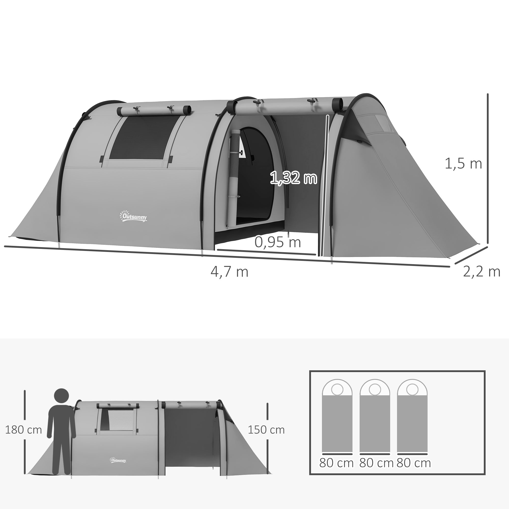 Tenda de Campismo Familiar Cinzenta 470x220x150 cm