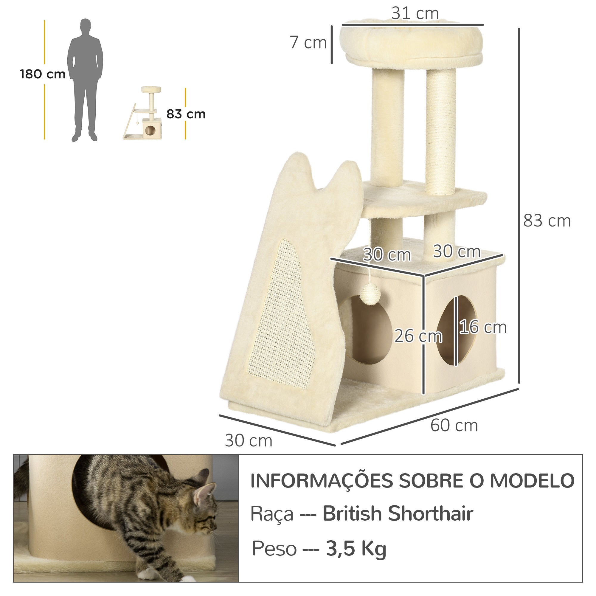 Arranhador para Gatos - 60x30x83cm - Bege