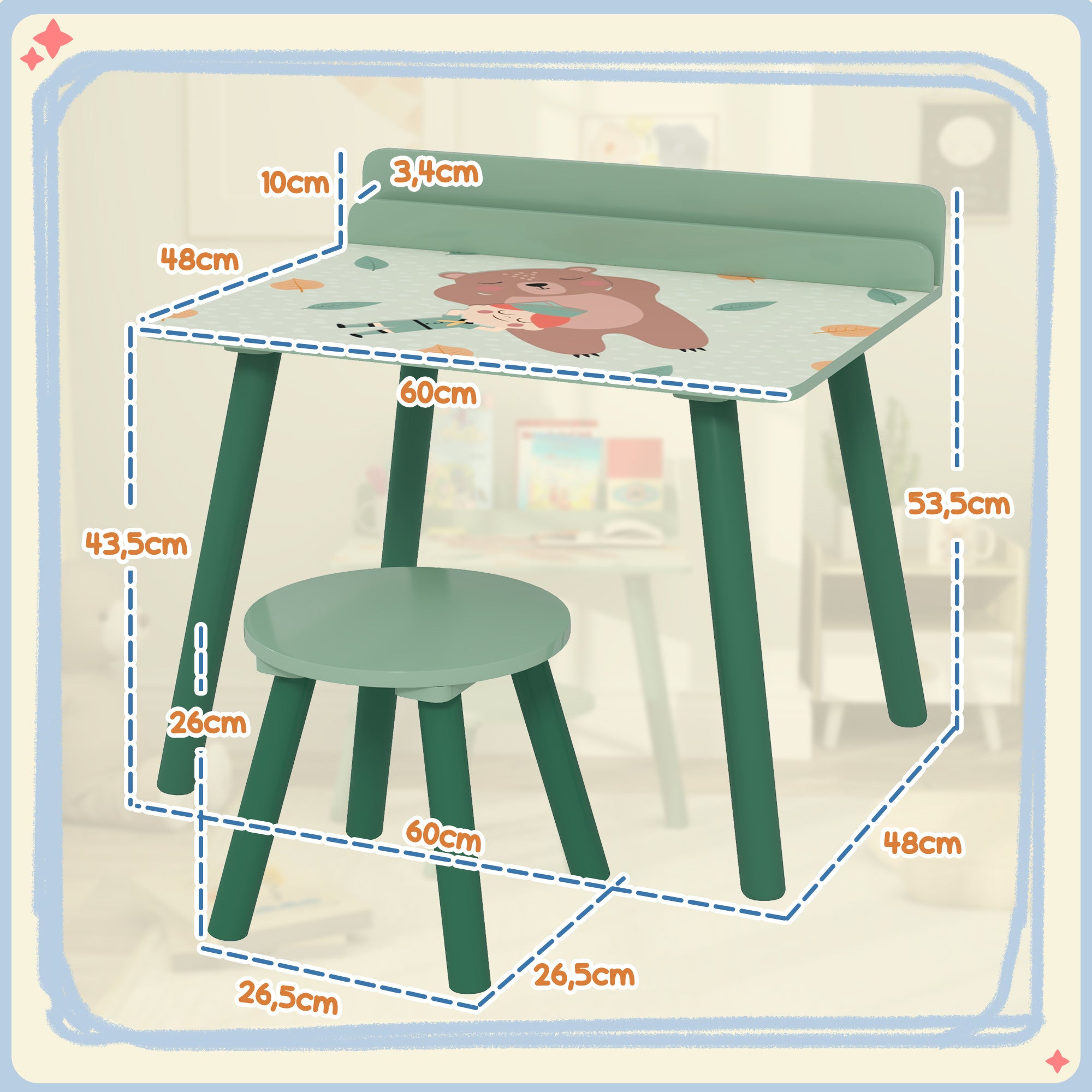 Mesa e Cadeira Infantil Conjunto Verde 60x48x53,5 cm