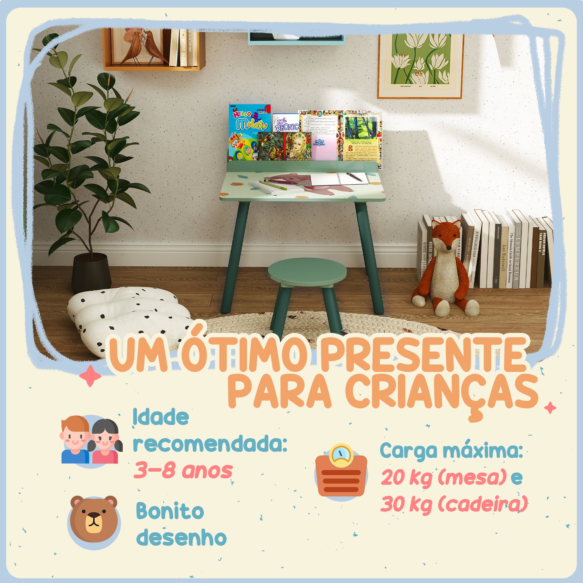Mesa e Cadeira Infantil Conjunto Verde 60x48x53,5 cm
