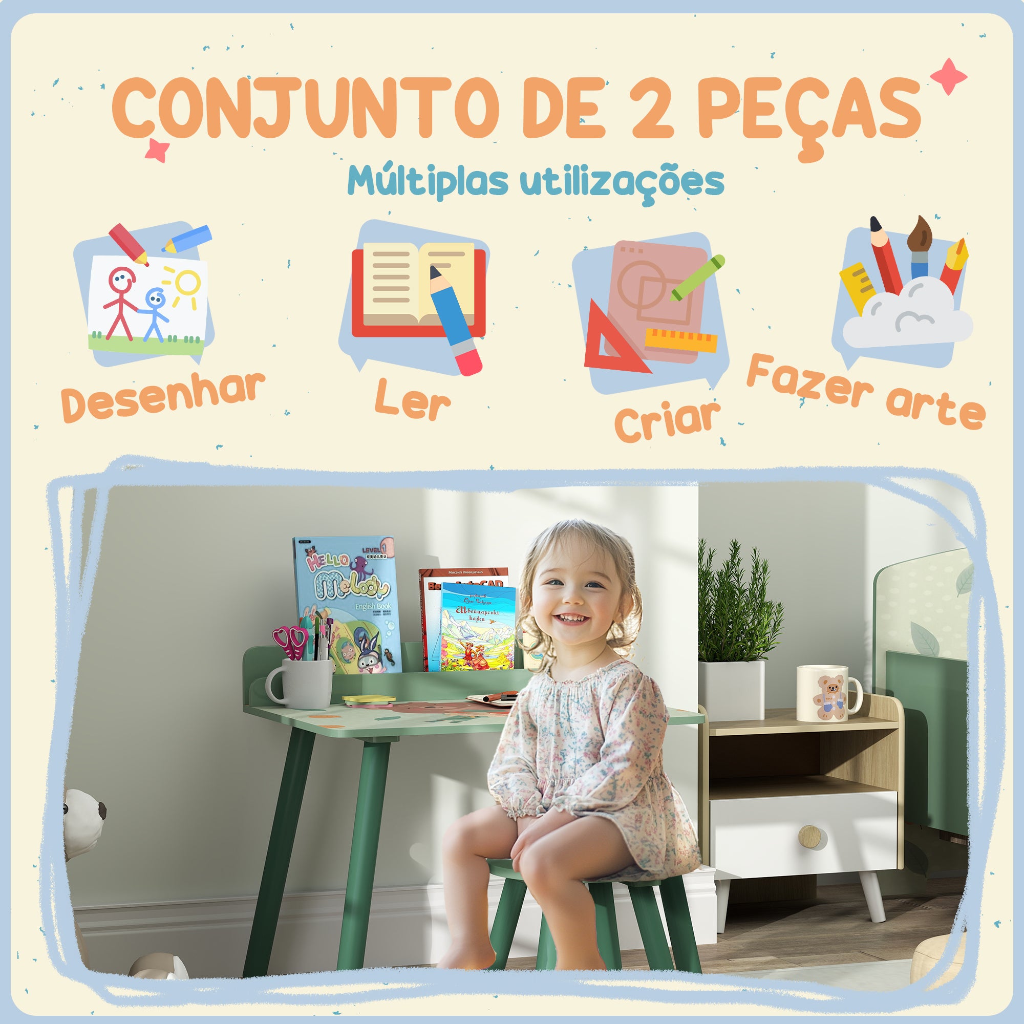 Mesa e Cadeira Infantil Conjunto Verde 60x48x53,5 cm