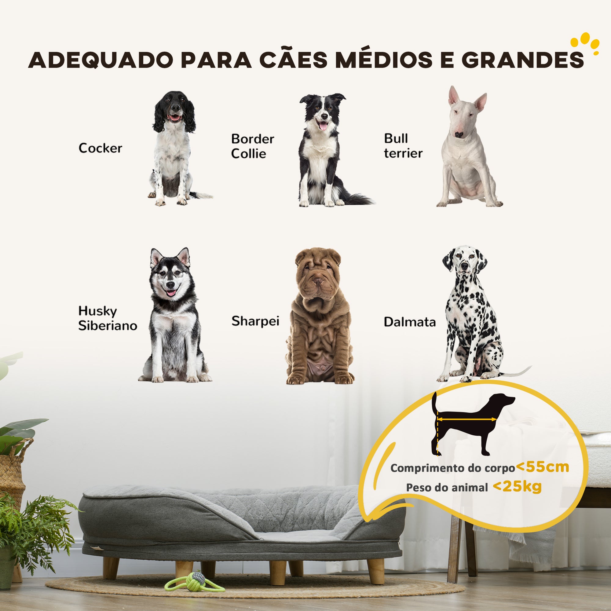Sofá para Cães Médios e Grandes 90x78x25 cm Cinzento