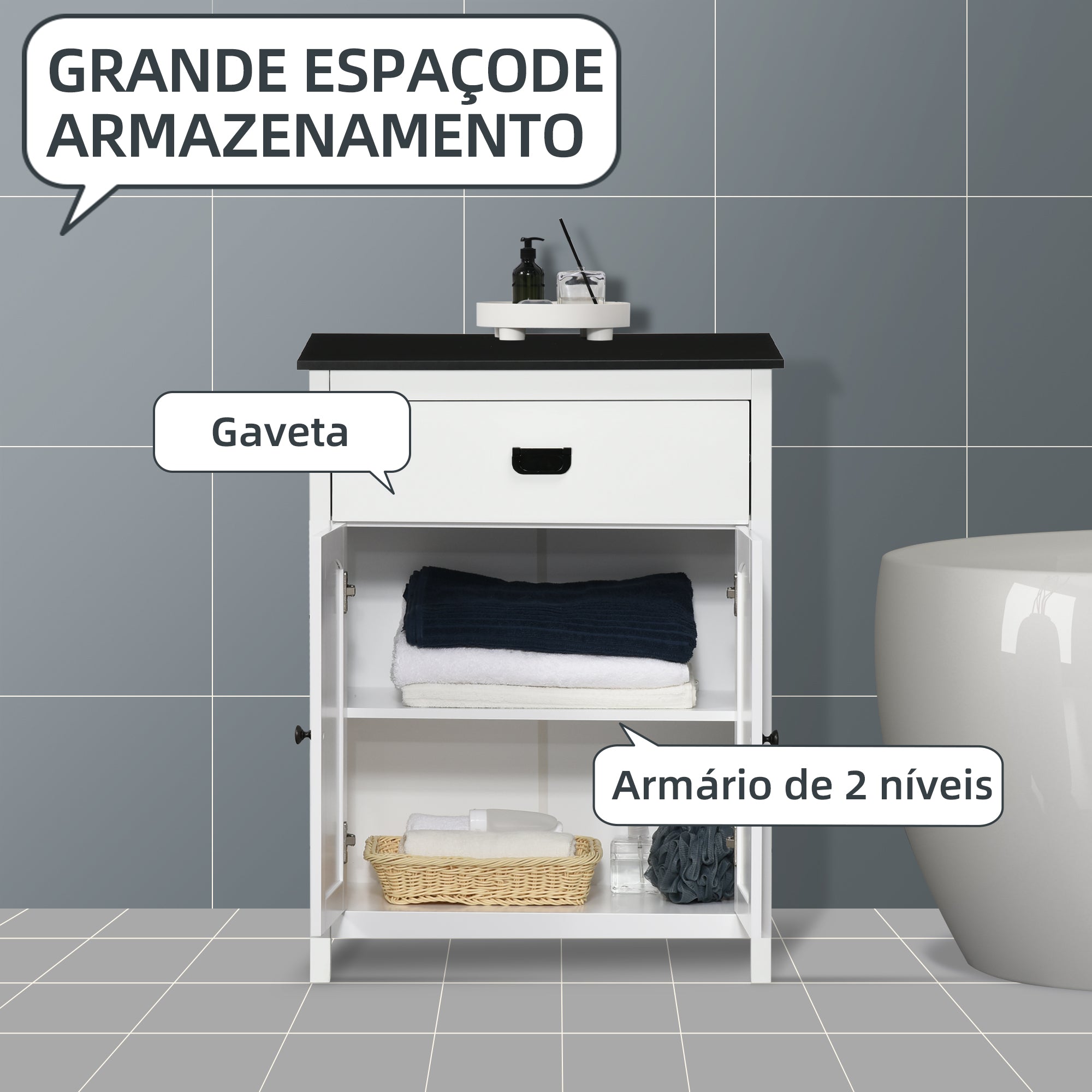Armário Casa de Banho Auxiliar Moderno 60x30x80cm Branco e Preto