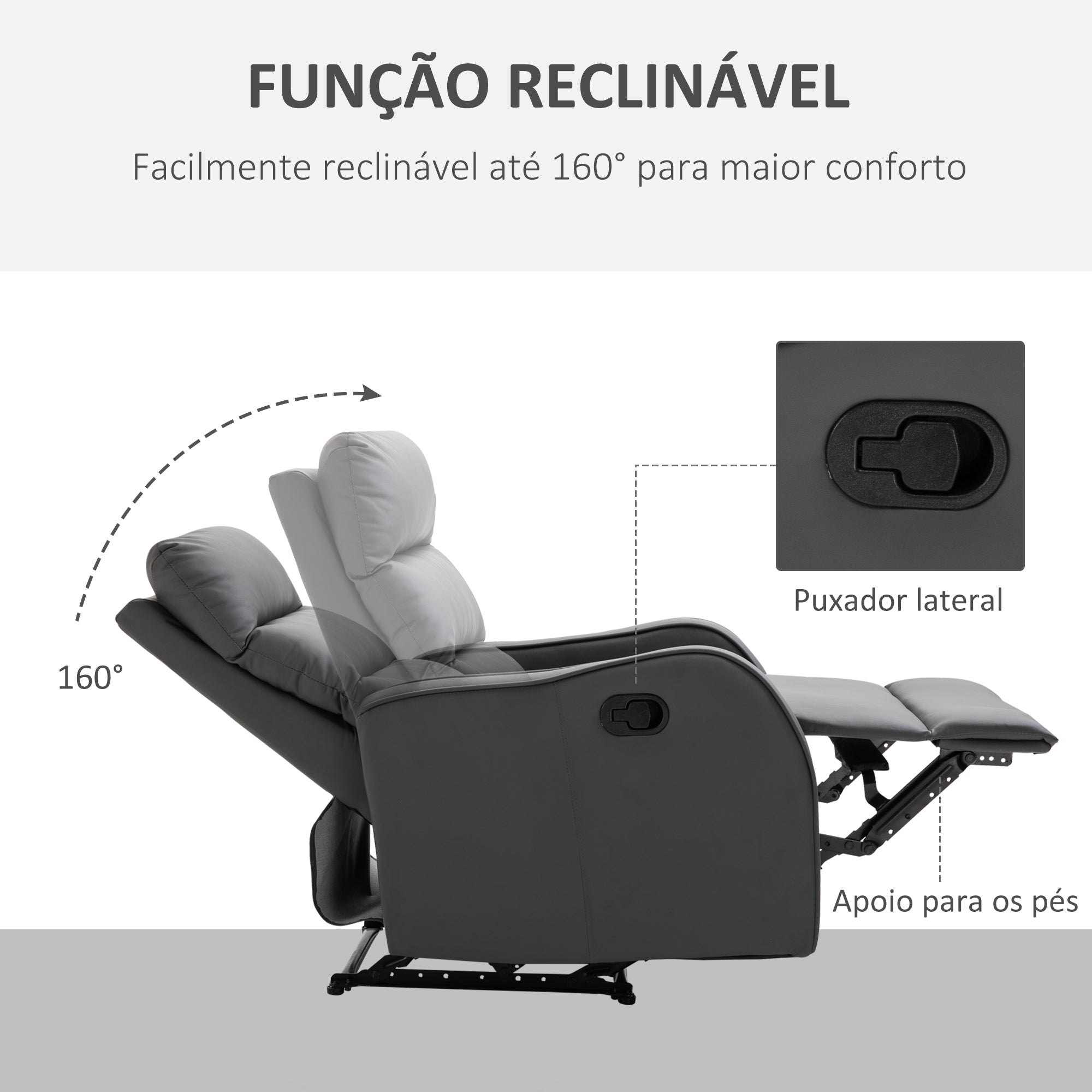 Poltrona Relax Cinzenta 65x89x100cm - Reclinação até 160°