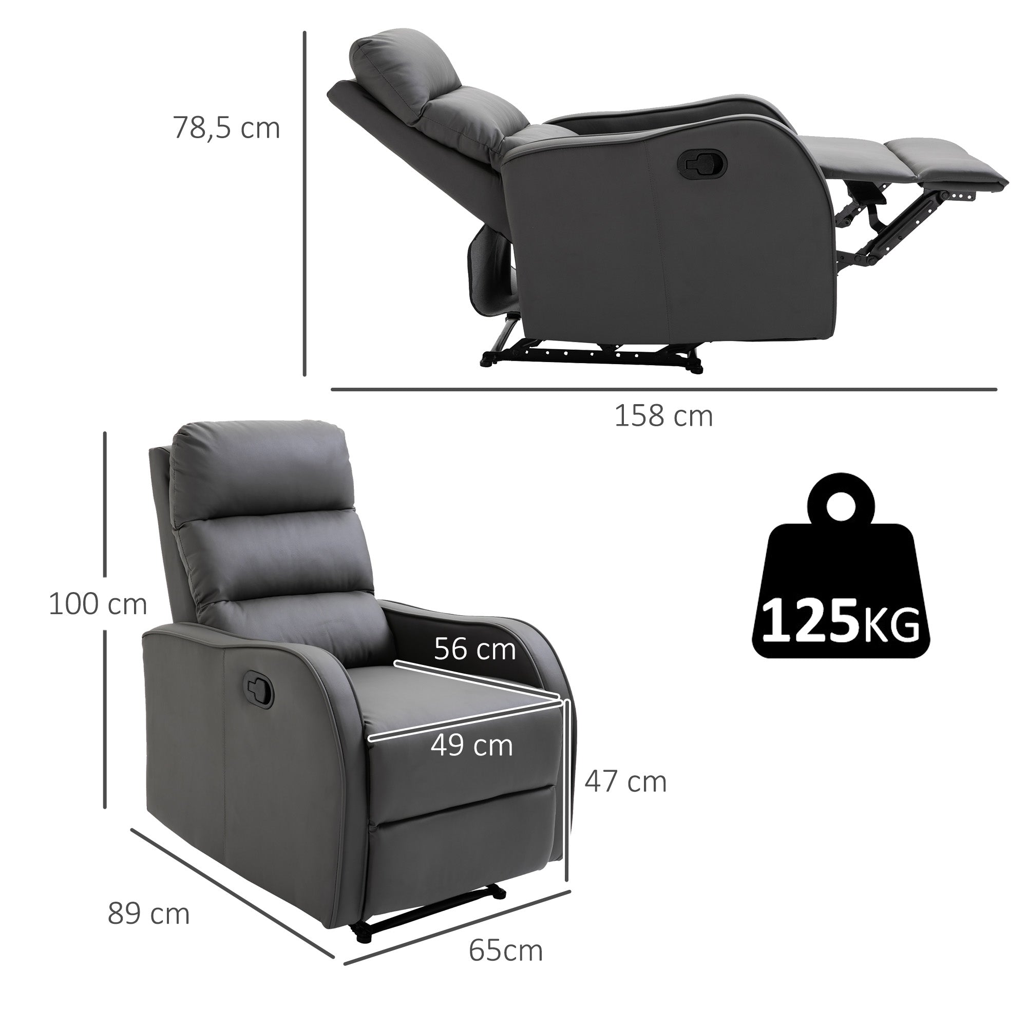 Poltrona Relax Cinzenta 65x89x100cm - Reclinação até 160°