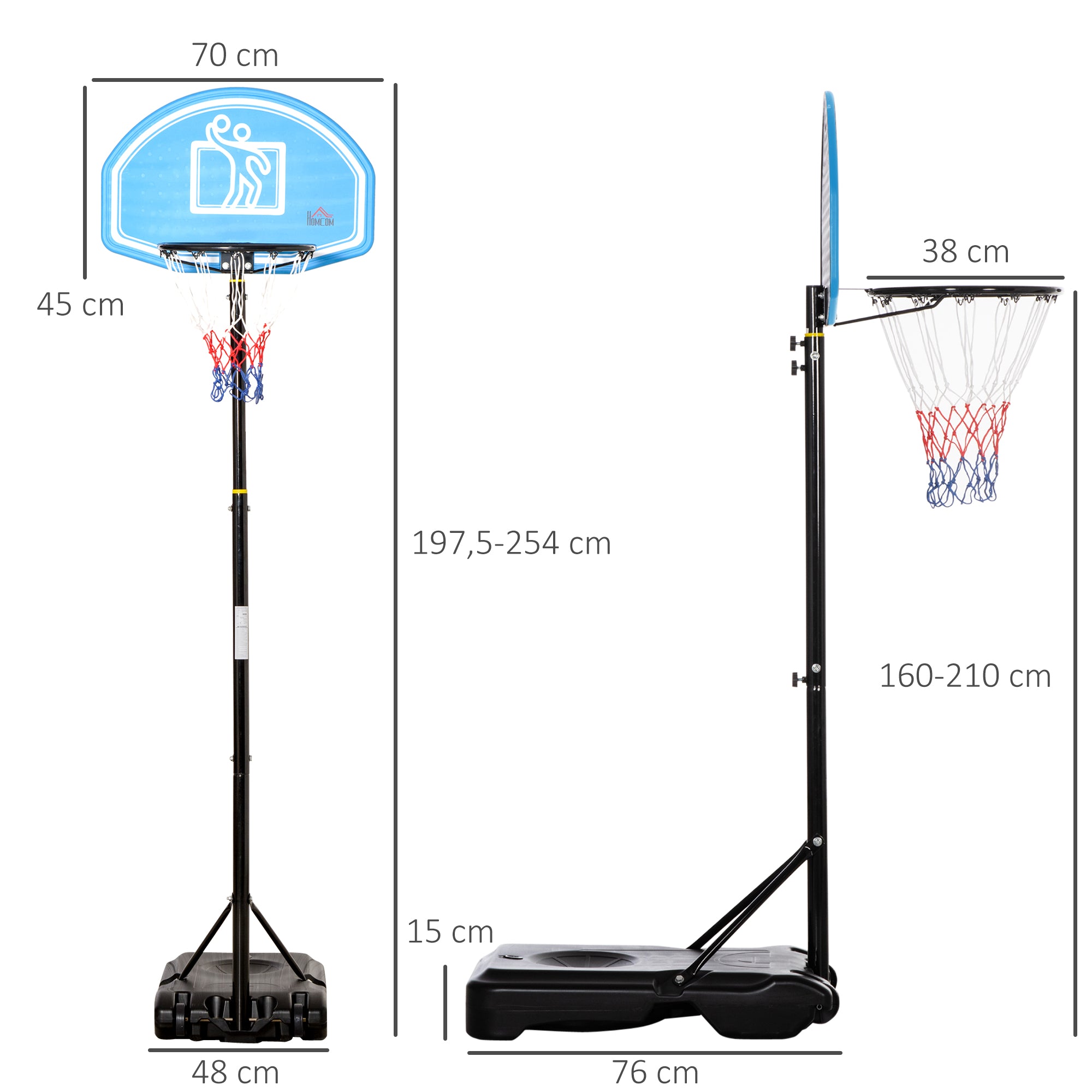 Tabela de Basquetebol para Exterior com Altura Ajustável 160-210cm – Preto e Azul – Estrutura de aço