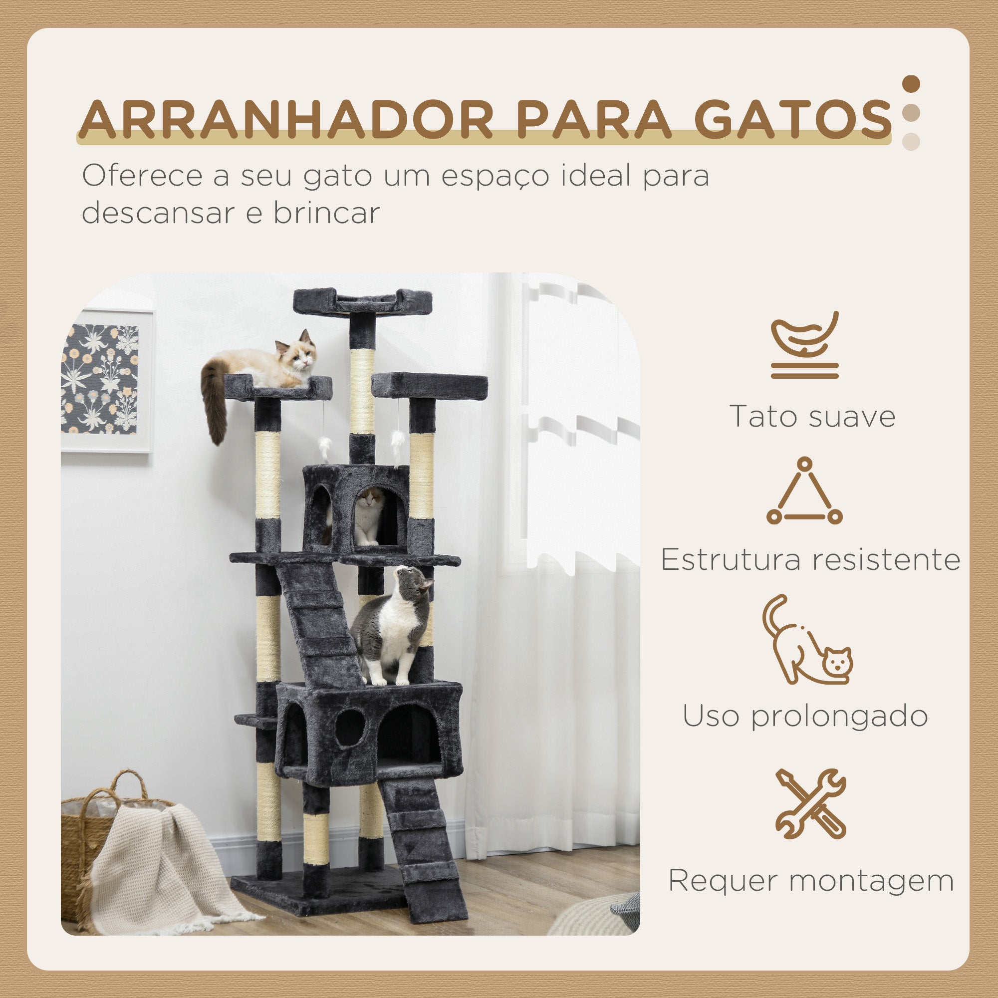 Arranhador para Gatos Grande 49x49x173 cm Cinza Escuro
