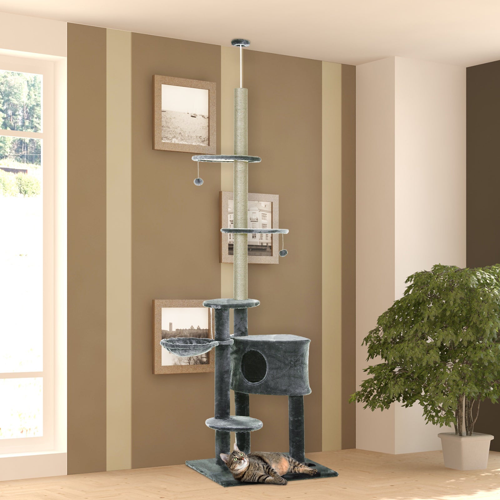 Árvore para Gatos Cinzenta 55x45x220-245 cm Altura Ajustável ao Teto