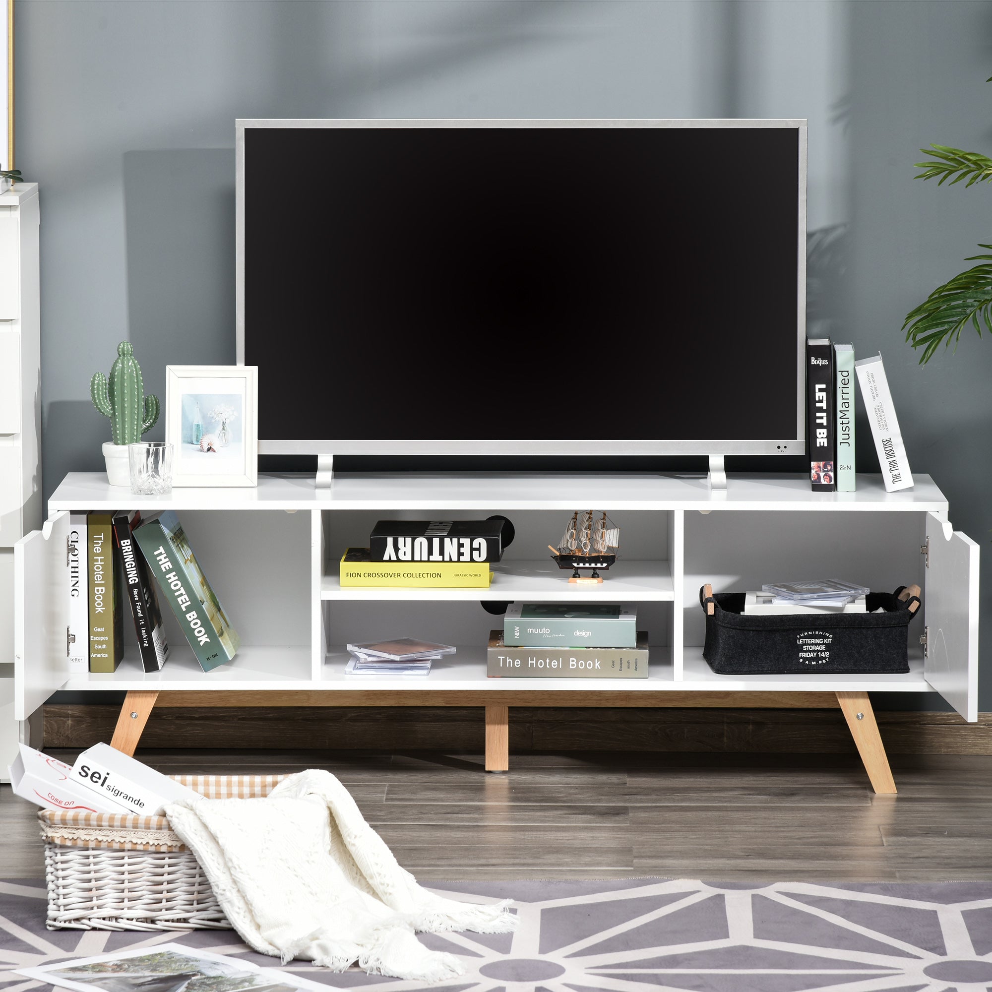 Móvel de TV Minimalista 150x39x50 cm - Branco e Madeira