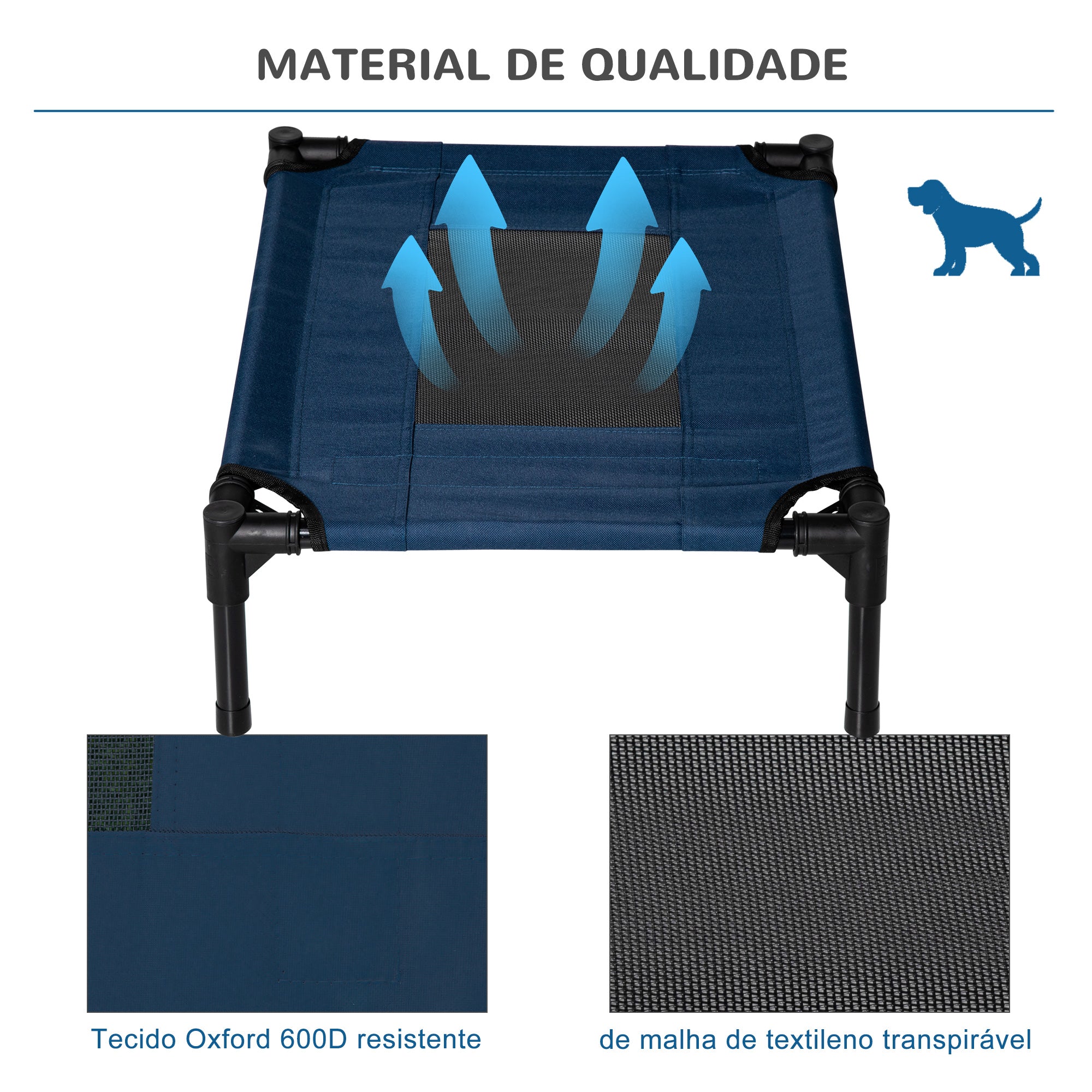 Cama Elevada para Animais de Estimação – 64x46x18cm – Azul – Metal e Tecido Oxford 600D