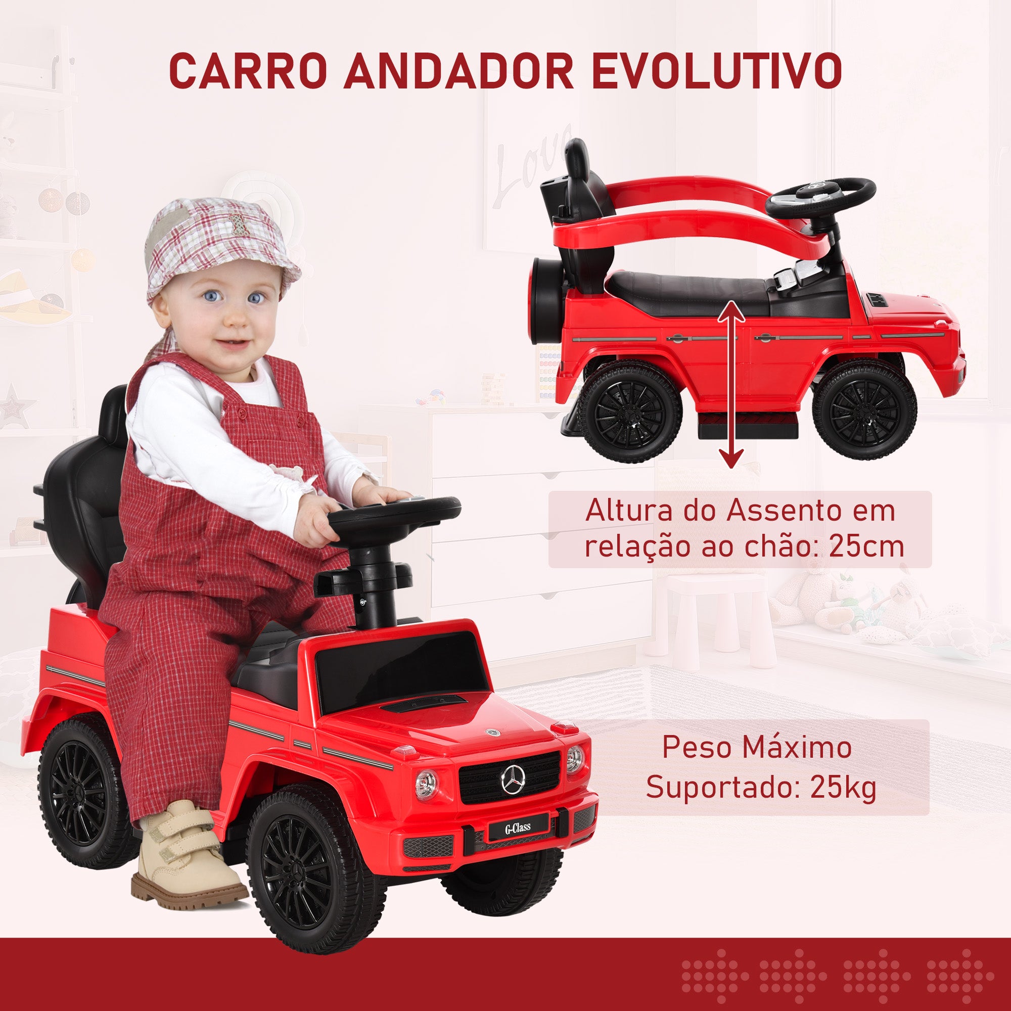 Carro Andador para Crianças 85,5x40,5x95 cm Vermelho