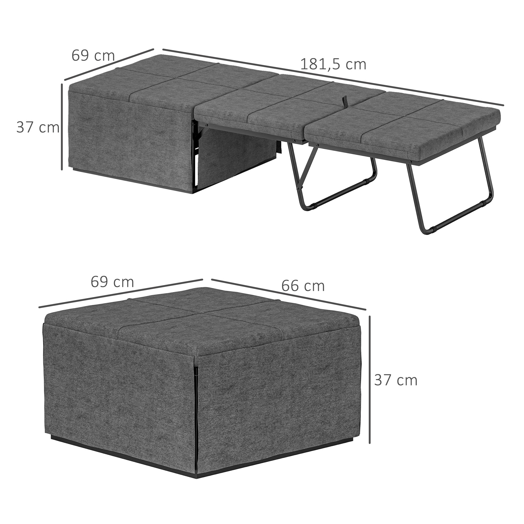 Cama Dobrável – 181,5x69x37 cm – Cinzento – Tecido tipo linho, metal e espuma