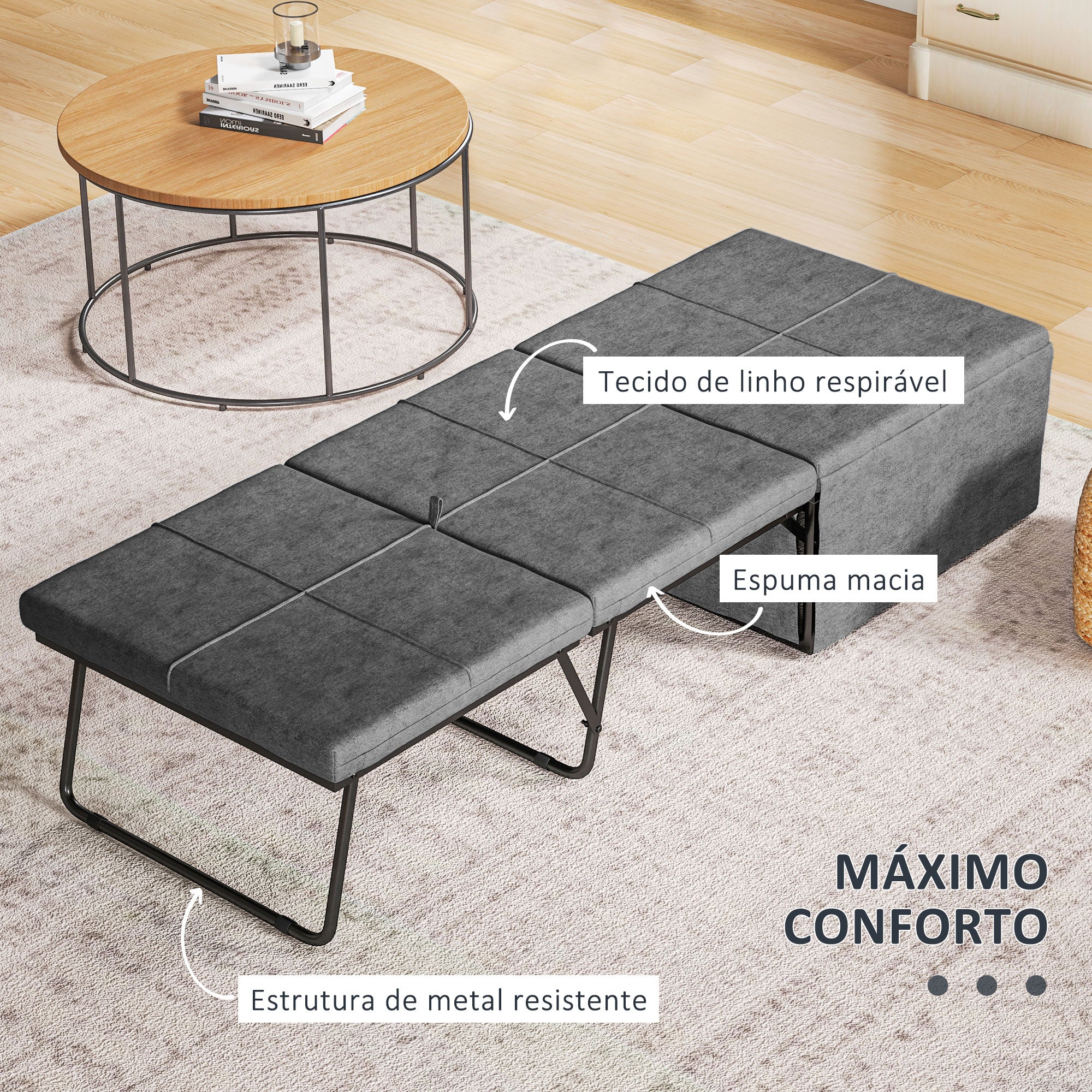 Cama Dobrável – 181,5x69x37 cm – Cinzento – Tecido tipo linho, metal e espuma