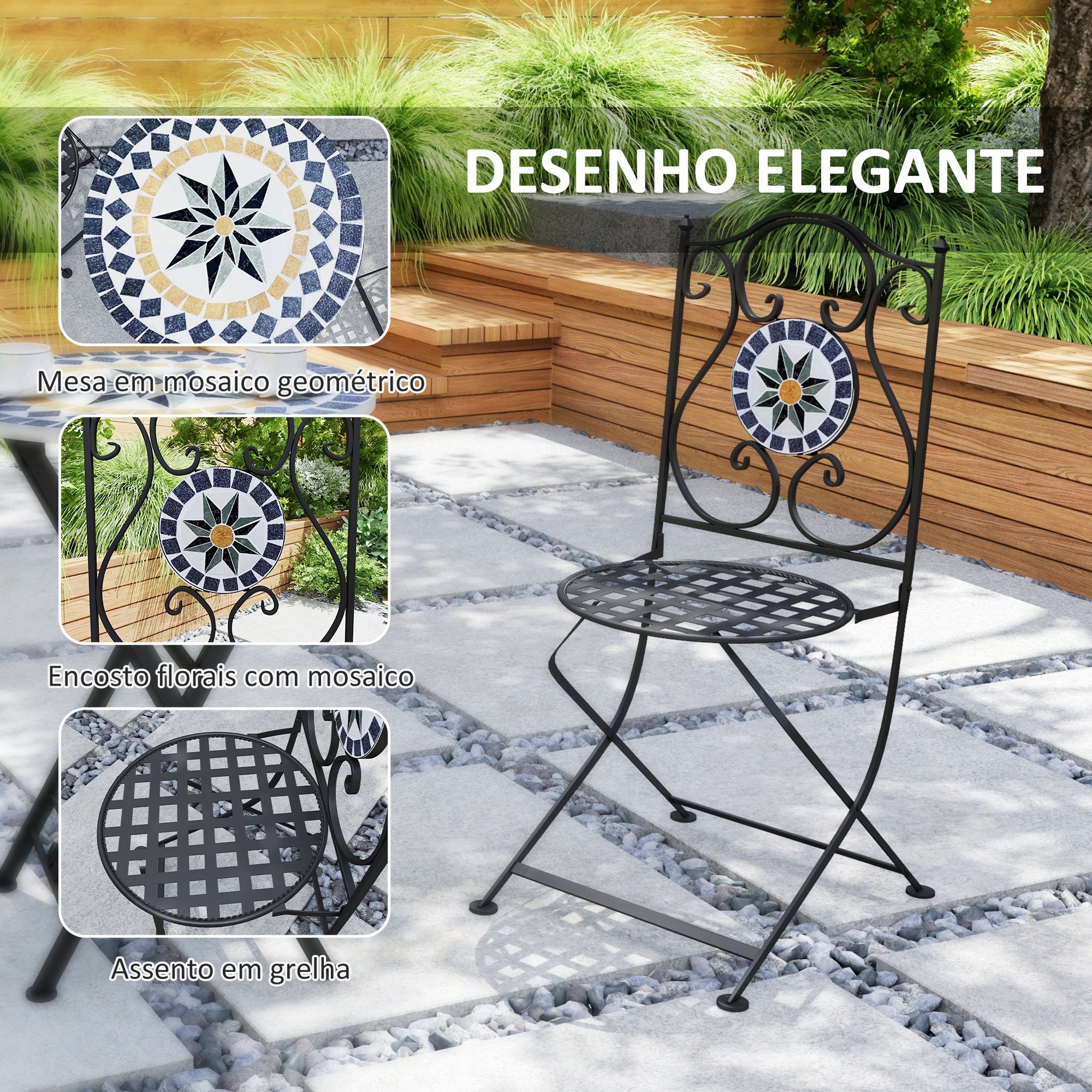 Conjunto de Jardim Multicor 3 Peças 39x54,5x94 cm Mesa Redonda Cadeiras Dobráveis