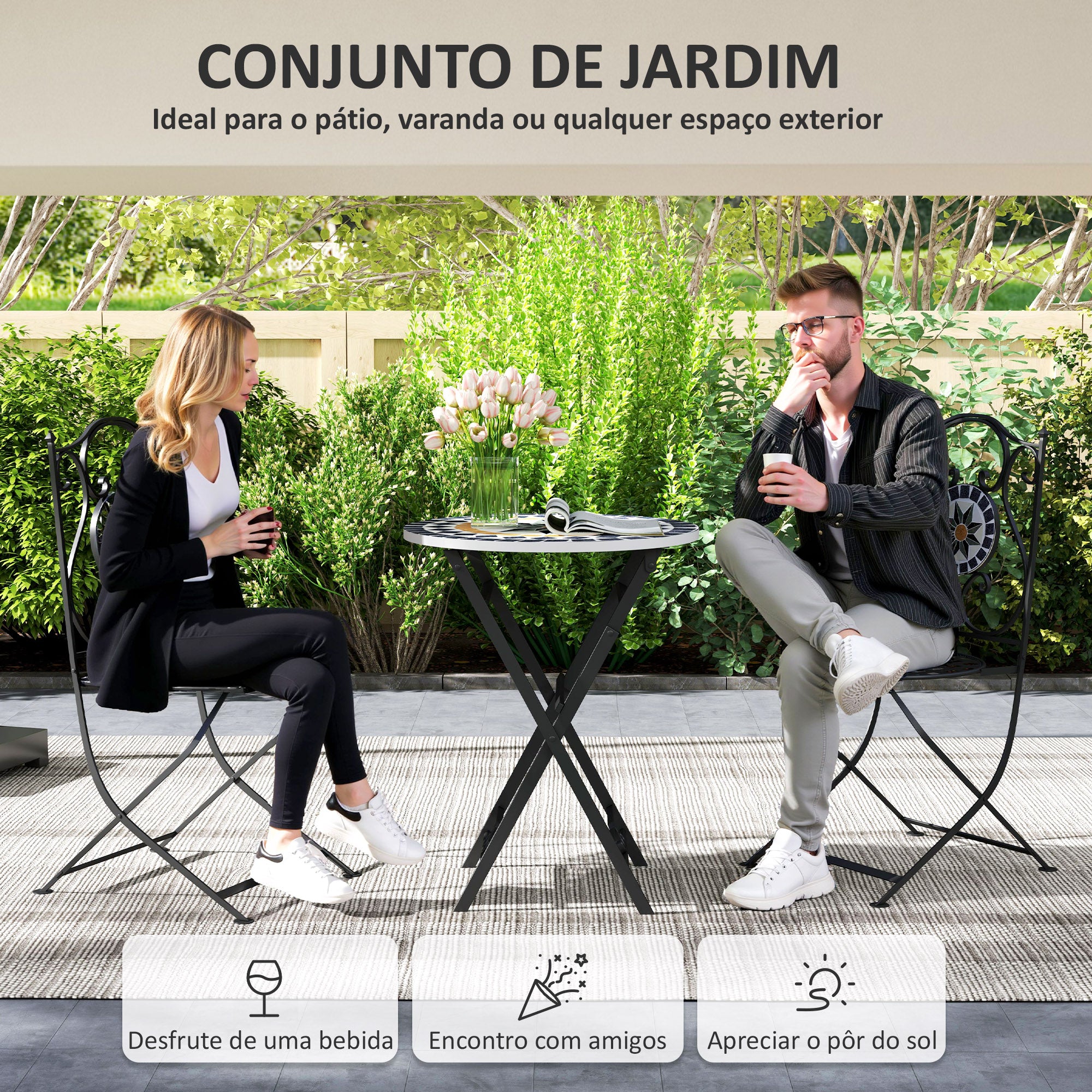 Conjunto de Jardim Multicor 3 Peças 39x54,5x94 cm Mesa Redonda Cadeiras Dobráveis