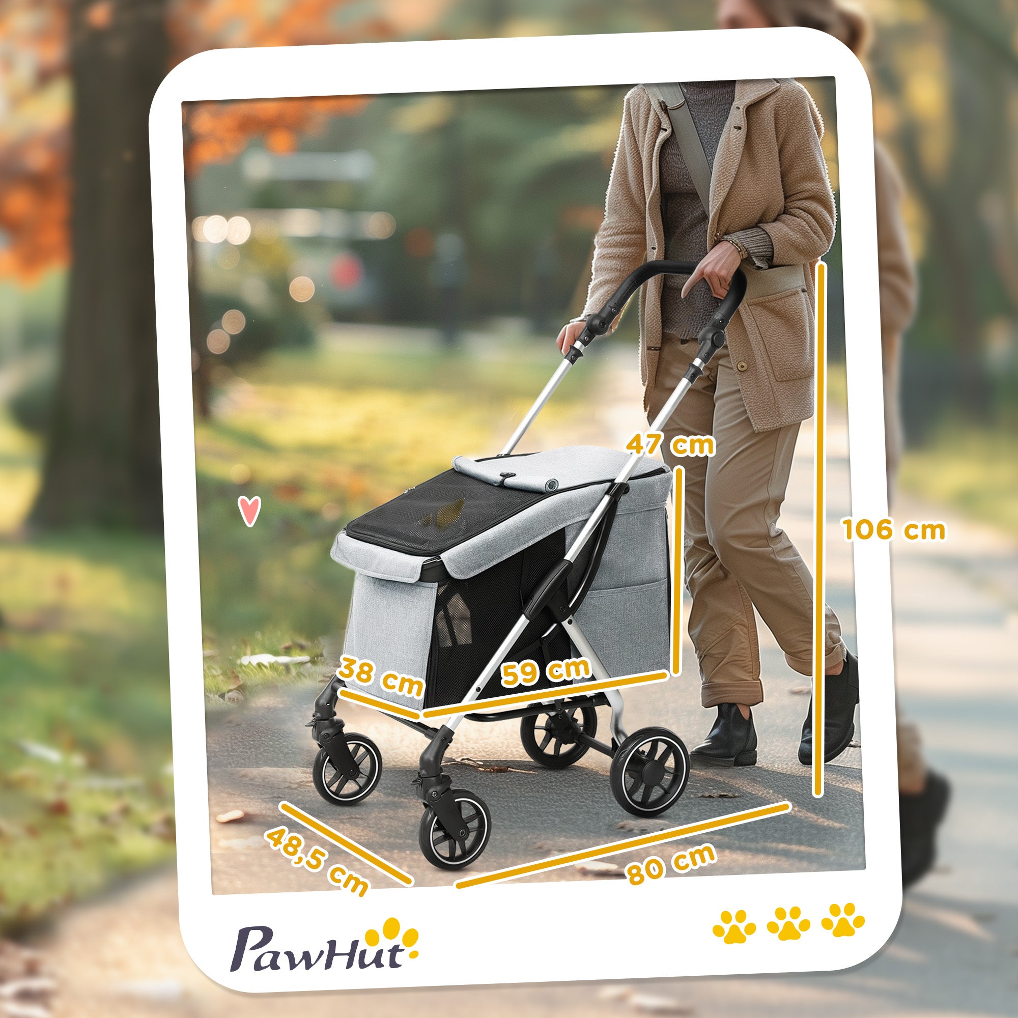 Carrinho de Passeio para Cães Pequenos Dobrável 80x48,5x106 cm - Cinza Claro