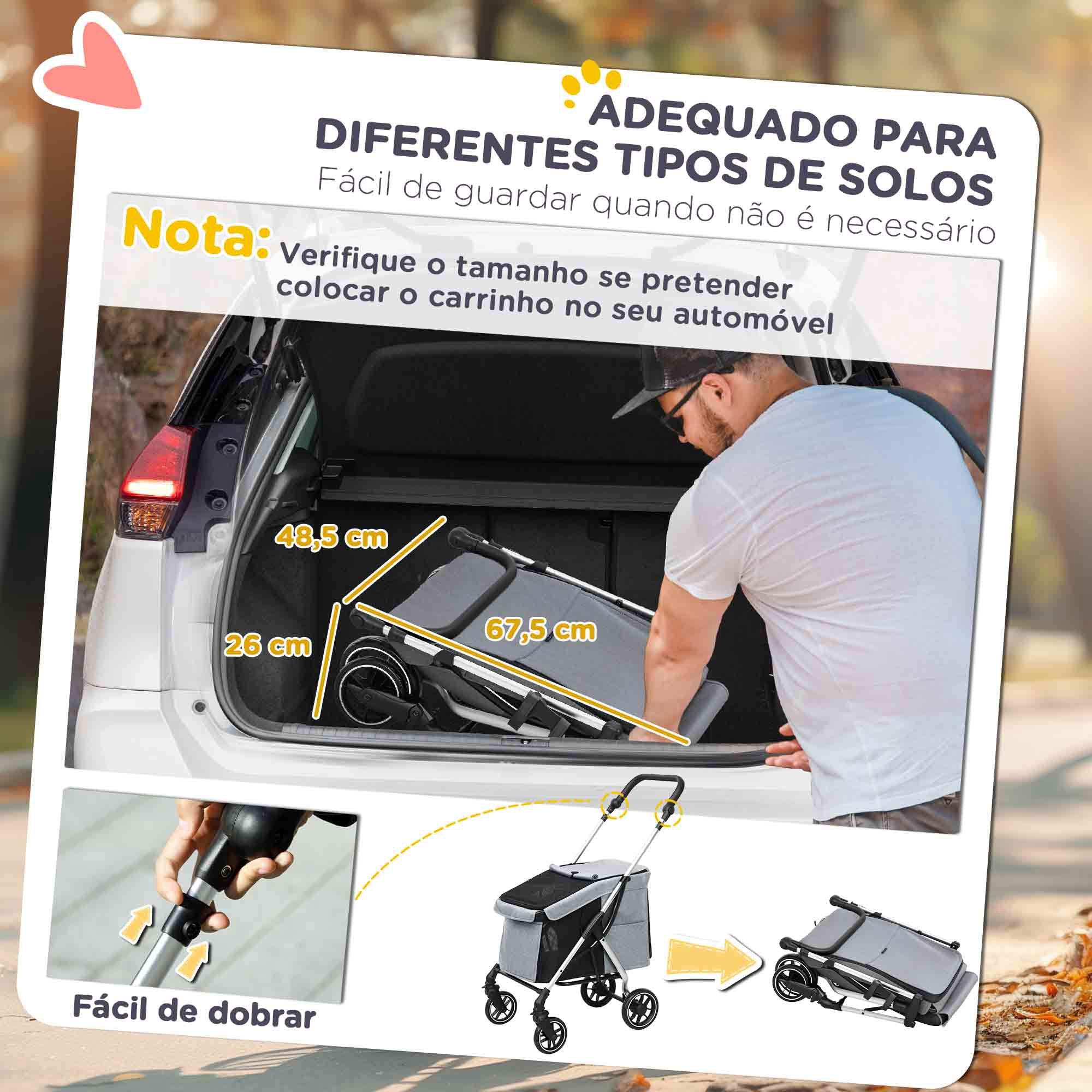 Carrinho de Passeio para Cães Pequenos Dobrável 80x48,5x106 cm - Cinza Claro