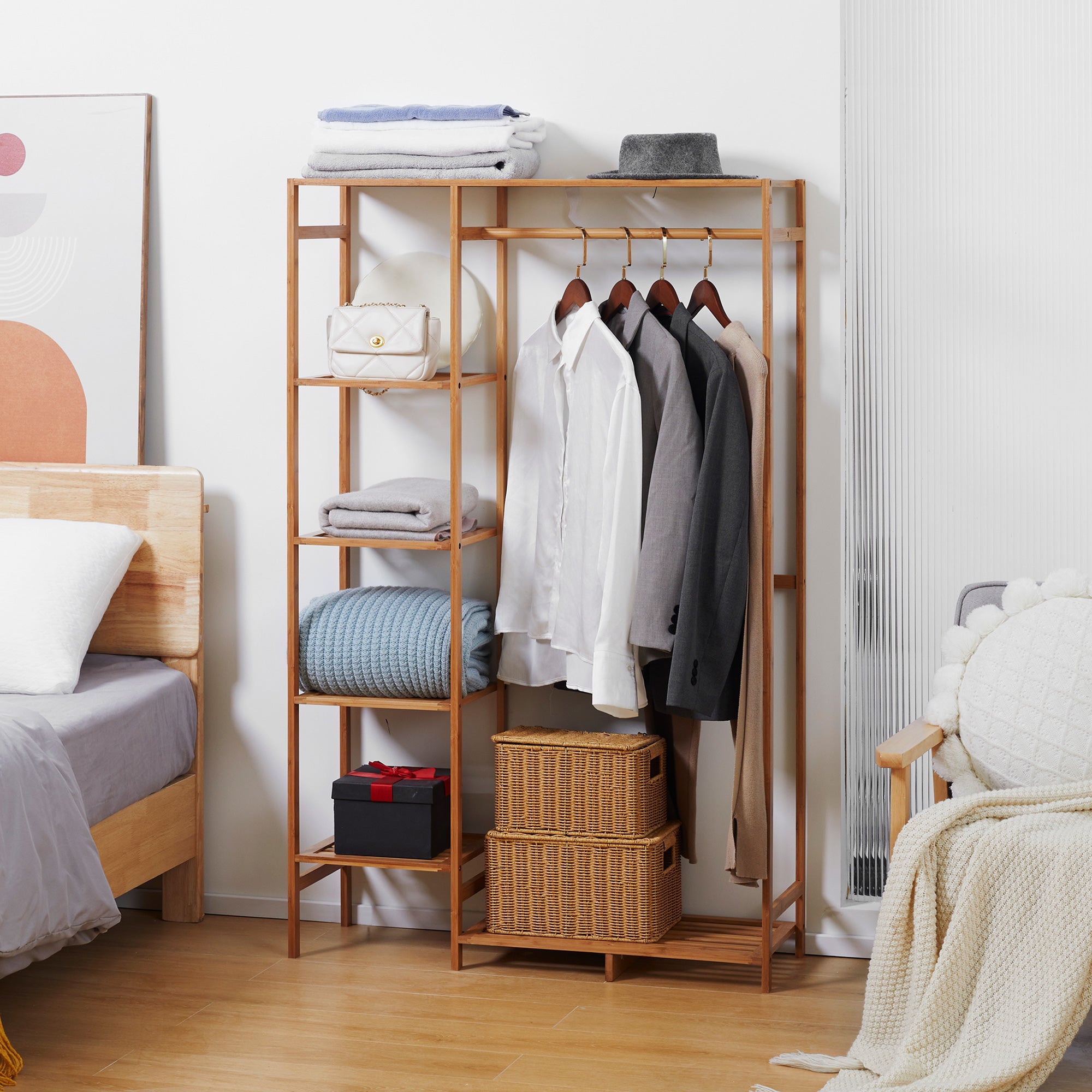 Suporte para Cabides de Bambu com Prateleira de Armazenamento 90x30x145 cm Cor de Madeira Natural