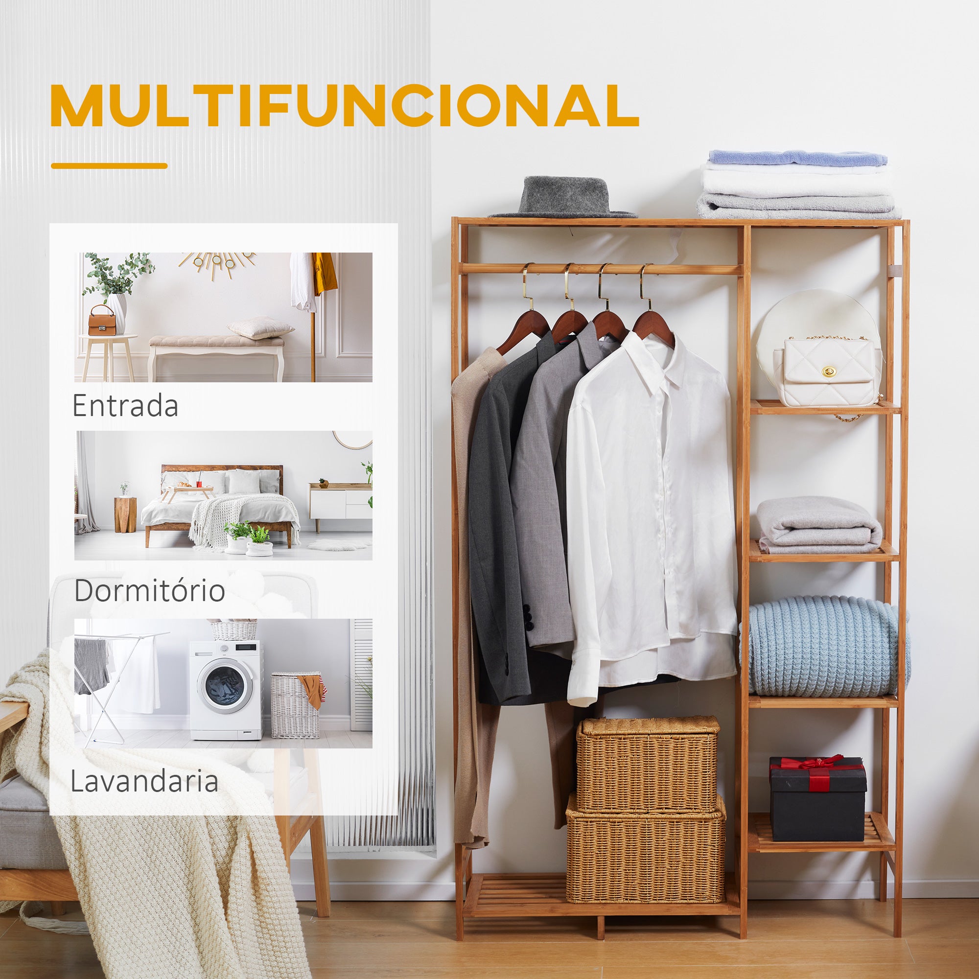 Suporte para Cabides de Bambu com Prateleira de Armazenamento 90x30x145 cm Cor de Madeira Natural